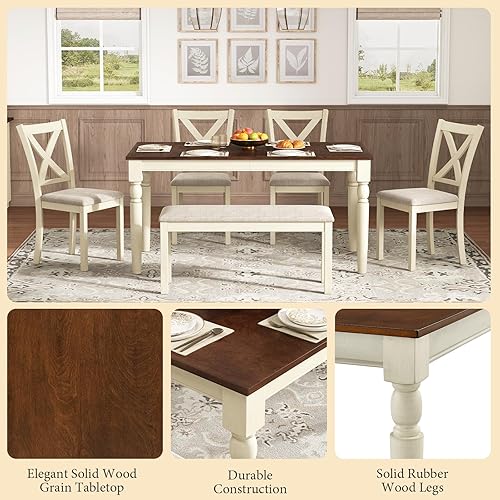 Miniatura 3 de AMERLIFE Juego de mesa de comedor de 6 piezas, mesa de madera maciza de 60 pulgadas, 4 sillas y banco tapizados, acabado blanco rústico y nogal,
