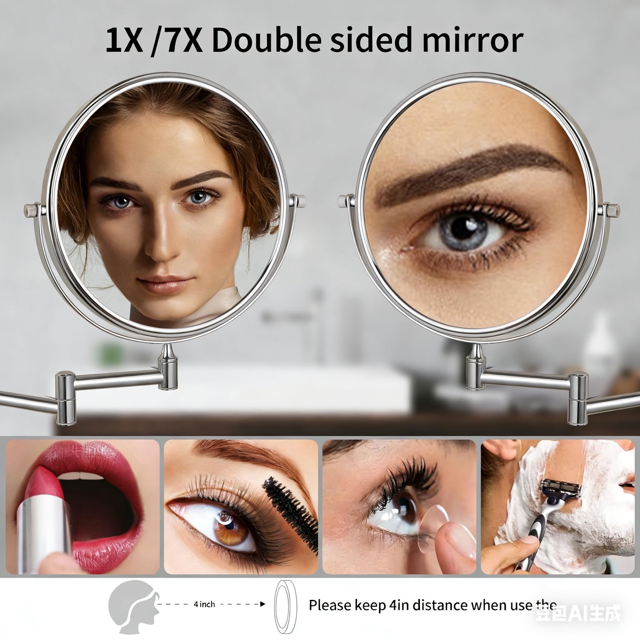Nicesail Specchio cosmetico da parete con ingrandimento 7X – Specchio da trucco estensibile – Rotazione di 360° – Specchio da barba da montare a parete – Specchio ingranditore per bagno – Cromato
