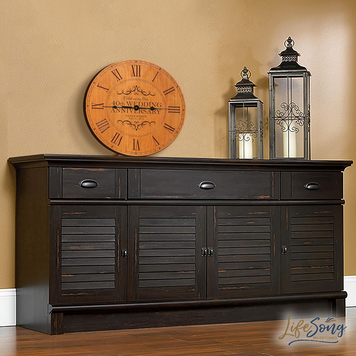 LifeSong Milestones Personalized 40th Anniversary Engraved Cherry Wall or Desktop Clock for Living Room Bedroom, Kitchen, Office, New Home, Couples Gift 12 Inch Diameter (Celebrating Our)