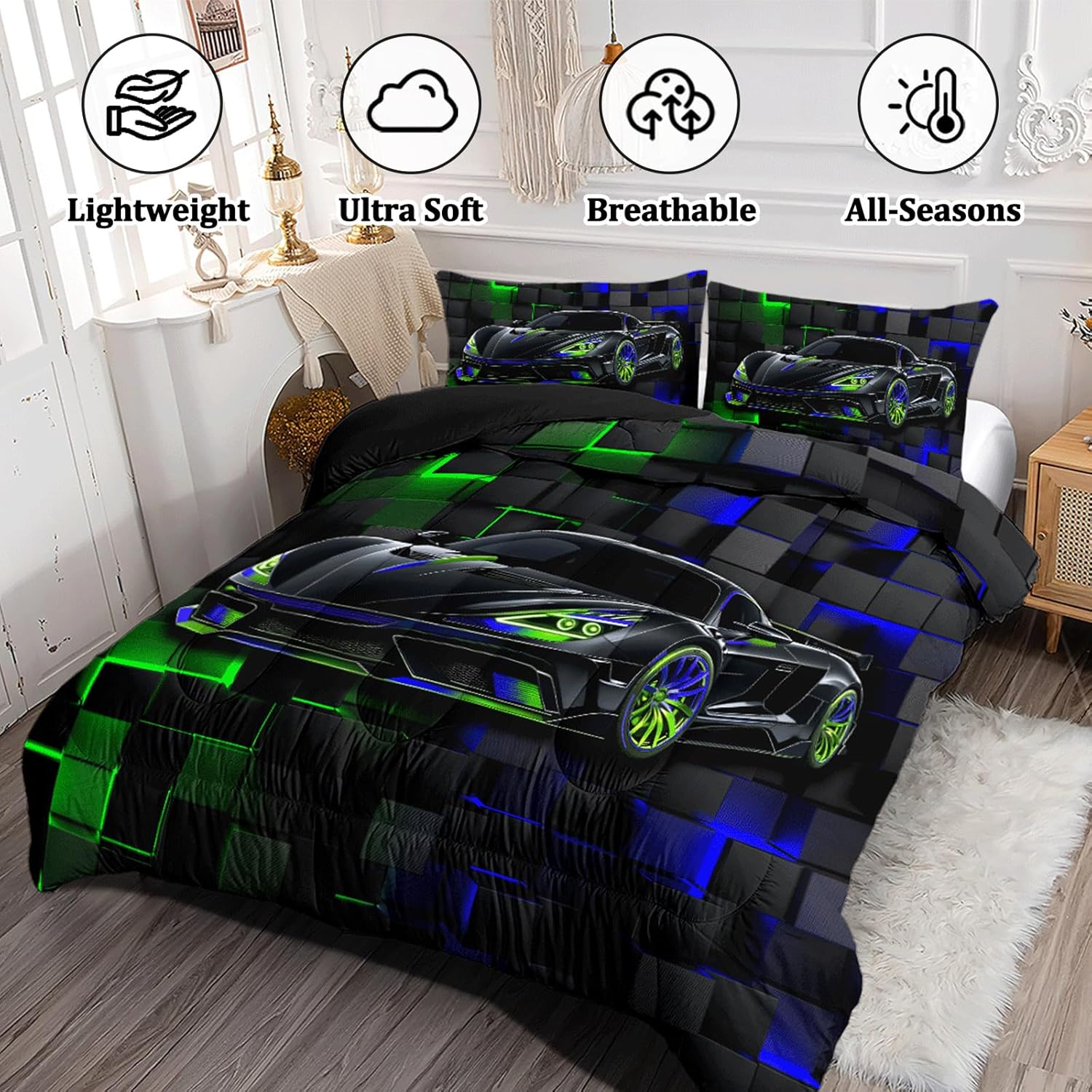 Race Car Twin Bedding Set for Boys, Sports Comforter Set for Kids, 3 Pcs Cool Car Boys Bedding Set Twin