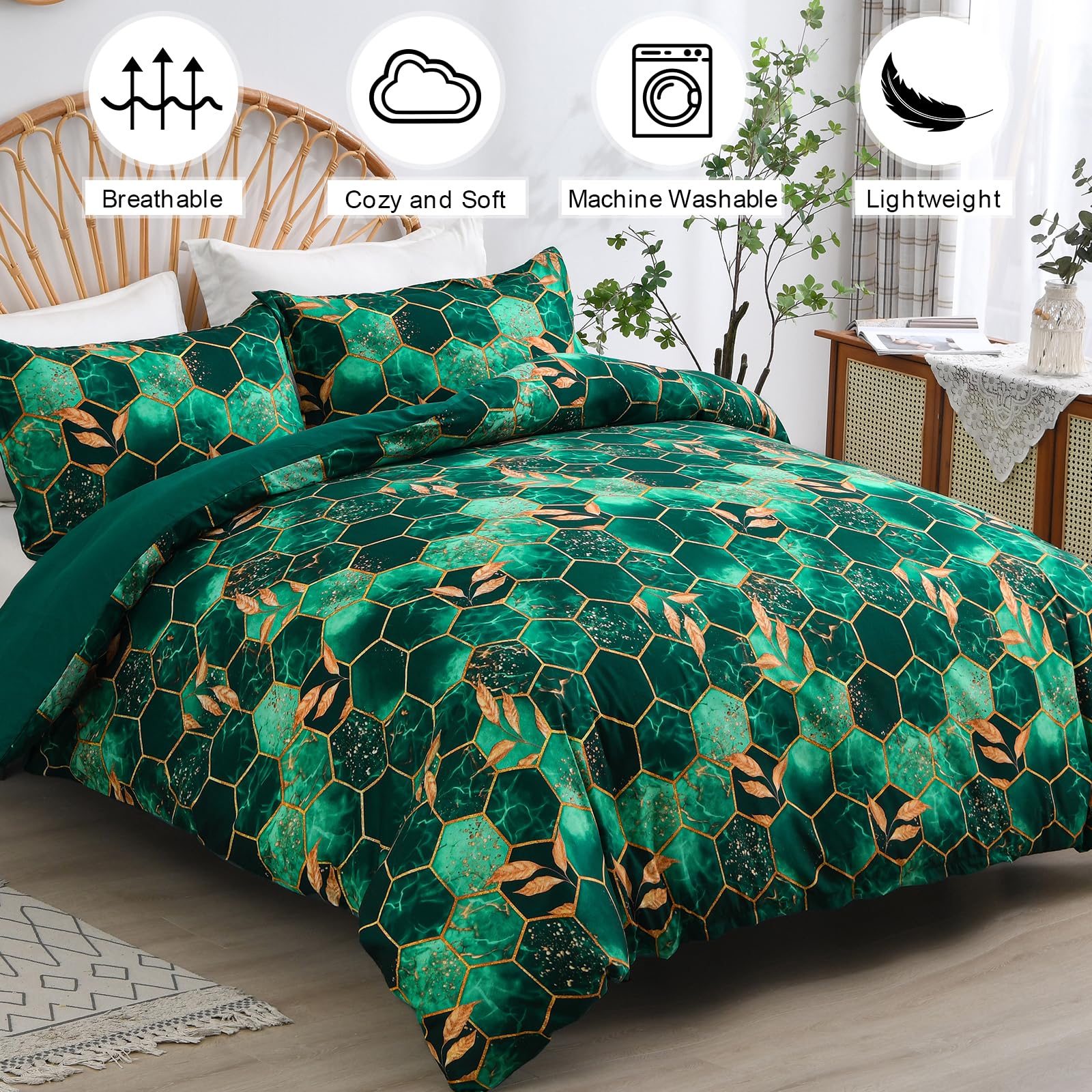 DJY Green Geometric Duvet Cover Golden Leaves Reversible Bedding Set - Image 2