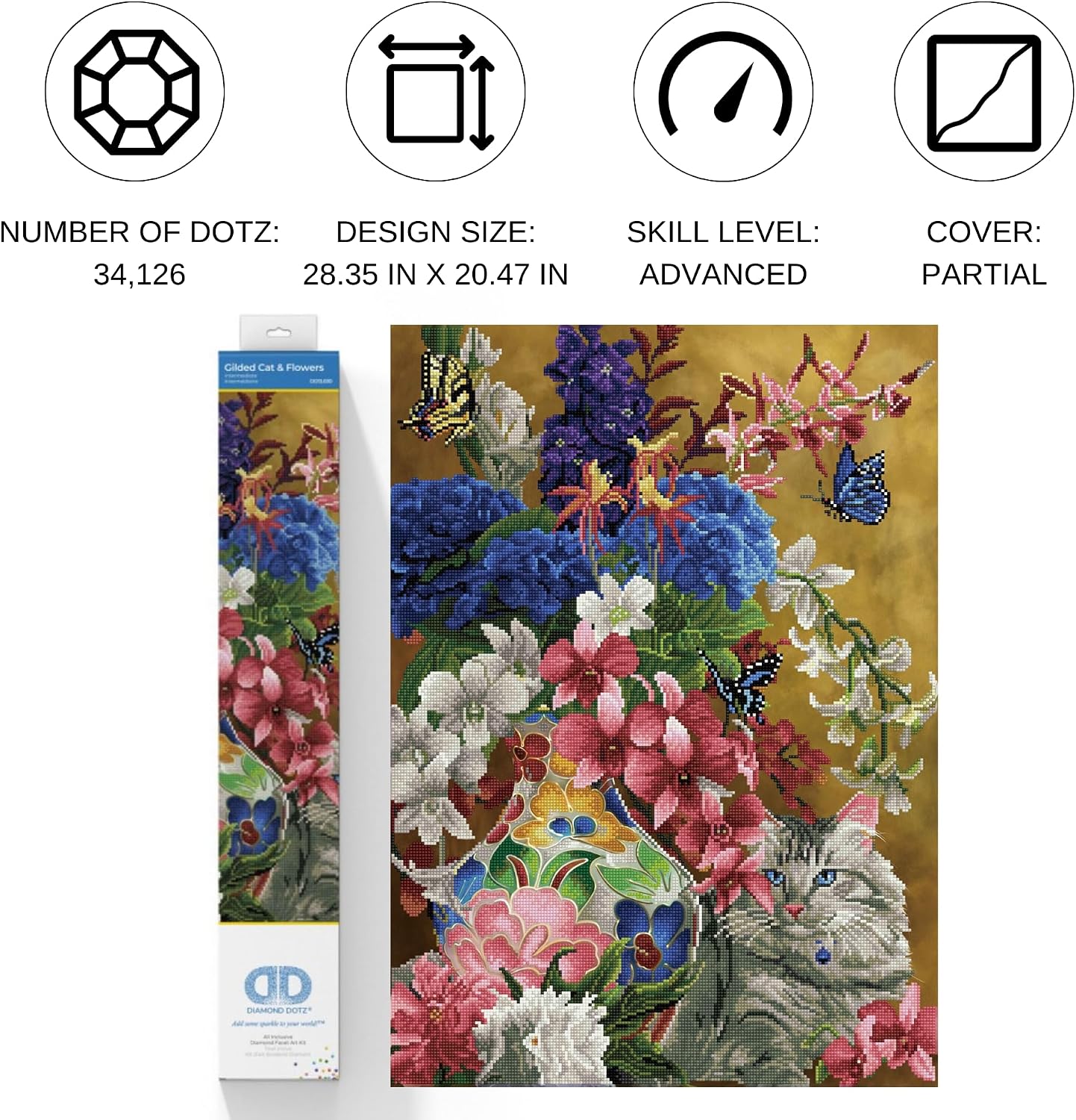 DIAMOND DOTZ Gilded Cat & Flowers Animal Diamond Painting Kits for Adults - Diamond Art Kits a Relaxing Creative Craft Kit with Dotz Gems 30.7"x21.7"