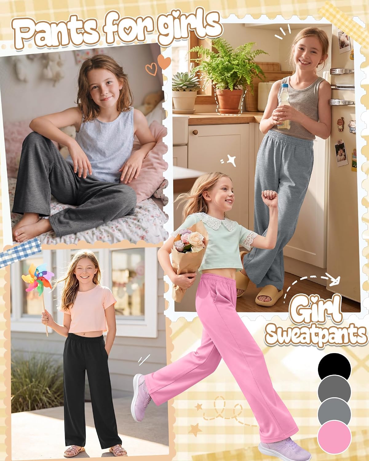4 Pack Girl's Wide Leg Sweatpants Elastic Waist Athletic Long Joggers with Pockets Causal Baggy Kids Sports Pants