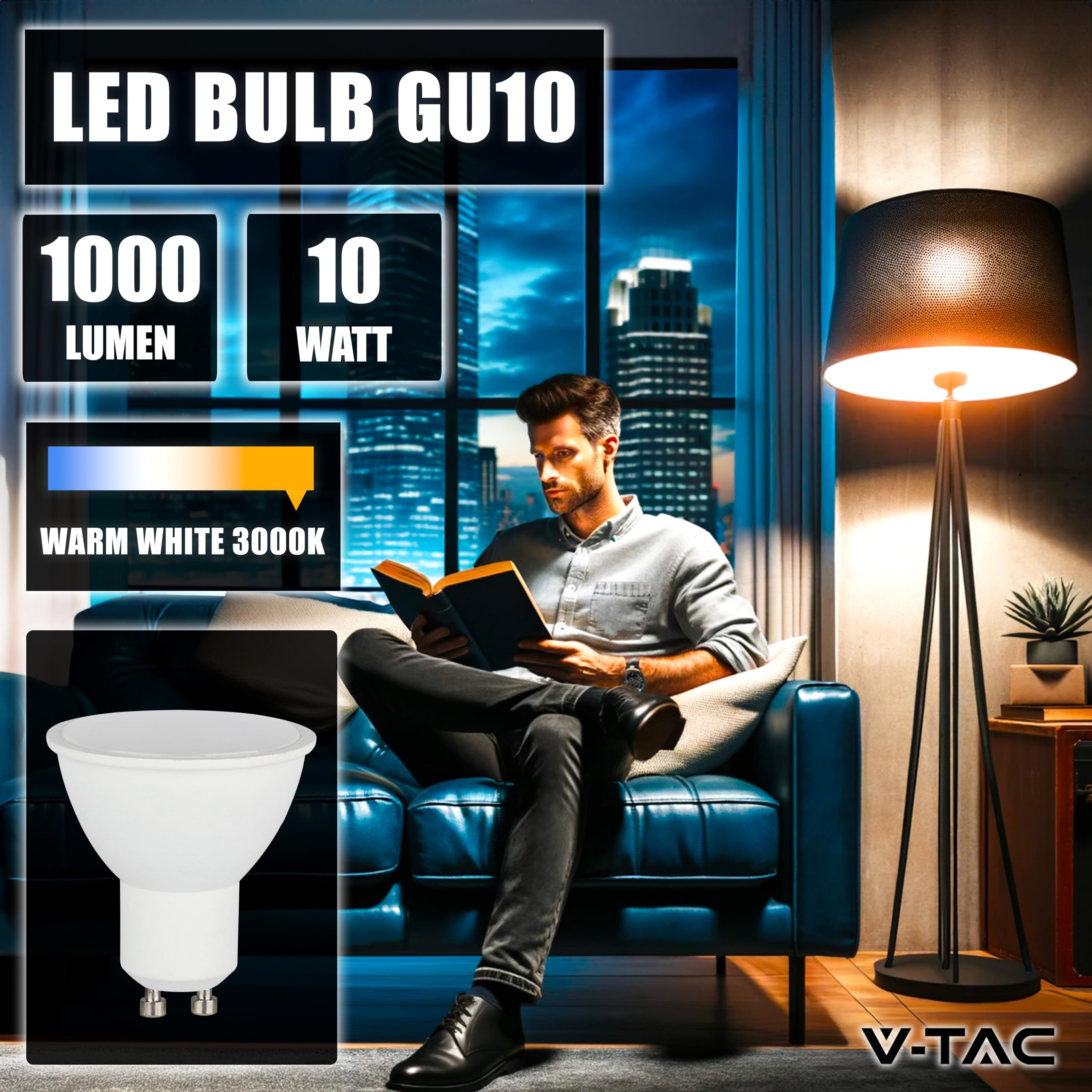 V-TAC 3 żarówki LED GU10-10W o wysokiej jasności (odpowiednik 70W) - 1000 lumenów - GU10 reflektor LED zapewniający maksymalną wydajność i oszczędność energii - ciepła biel 3000 K