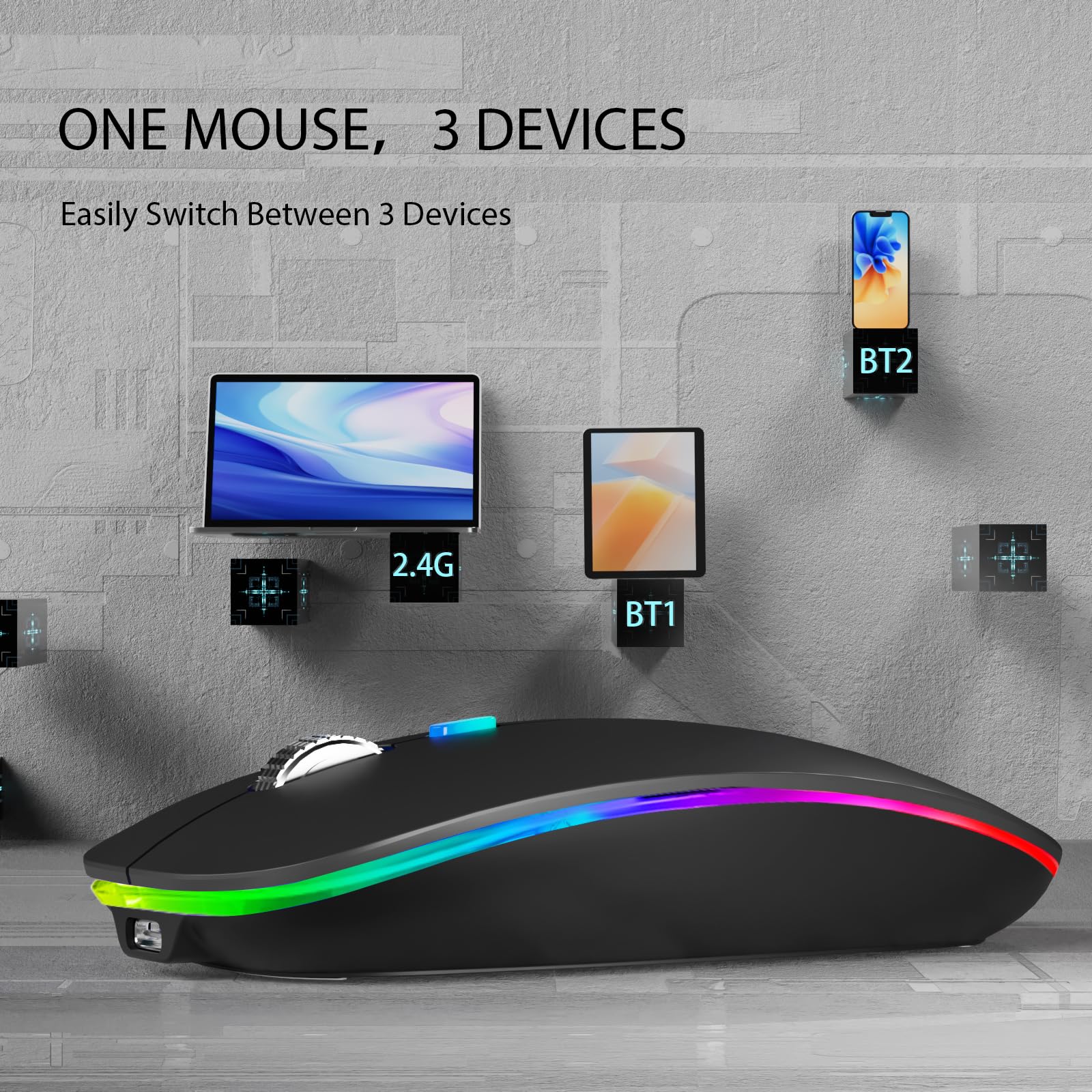 TENMOS Wireless Bluetooth Mouse, LED Slim (Bluetooth 5.1/5.0 + USB) 2.4GHz Rechargeable Silent Bluetooth Wireless Mouse with Type C Adapter for Laptop/MacBook/iPad OS 13 and Above (Matte Black) - Image 3