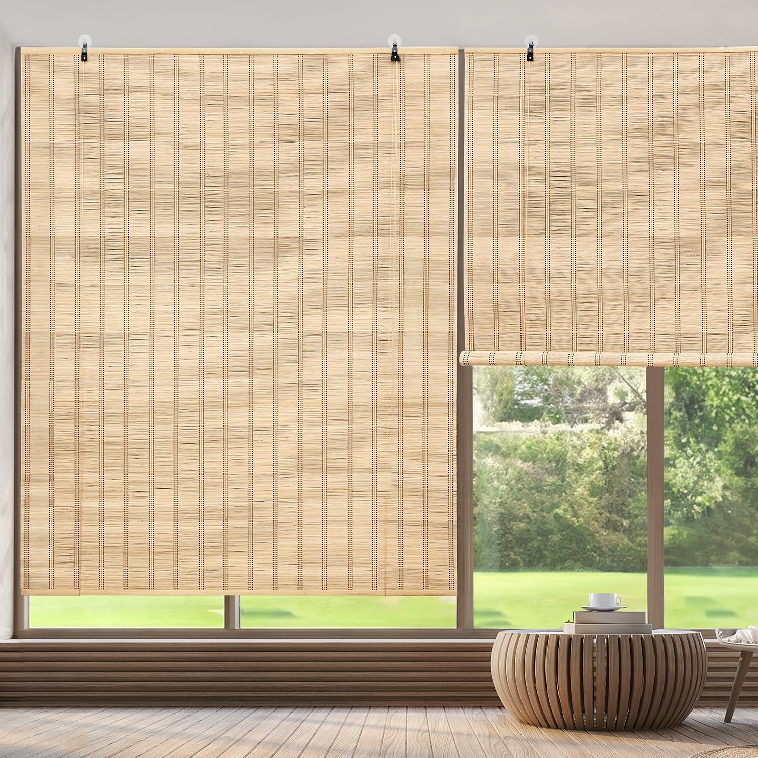 ABOUT SPACE 2 Pcs Bamboo Curtains - W 5 ft x H 6 ft - Rope Mechanism Roll Up Down Bamboo Shade for Sunlight, Dust Protection Window Chick Blinds for Balcony, Restaurant, Dhaba, Hotel, Resort