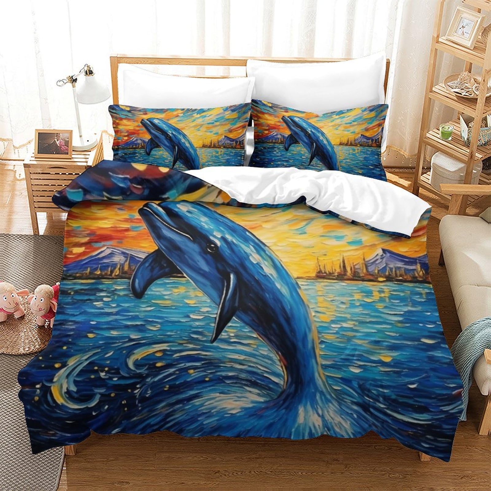 Housse de couette dauphin 3D en microfibre anti-plis lit 3 pièces 220x240cm