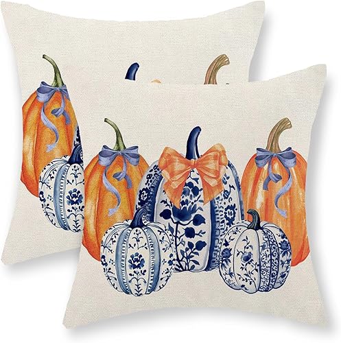 Miniatura 65 de Juego de 2 fundas de almohada de otoño de 18 x 18 pulgadas, hojas de arce de calabaza y búfalo a cuadros, decoración de otoño, de lino, Acción