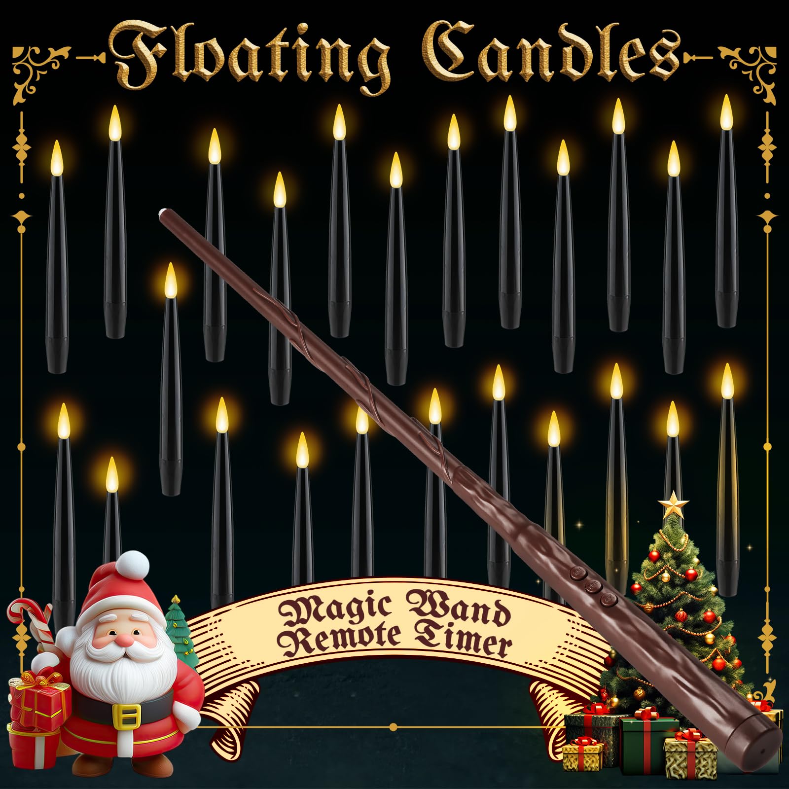 NURADA Floating Candles with Wand Remote Timer - 24 Pcs Magic LED Hanging Flameless Taper Candles Flickering Battery Operated for Birthday Theme Party Holiday Home Halloween Decor - Black