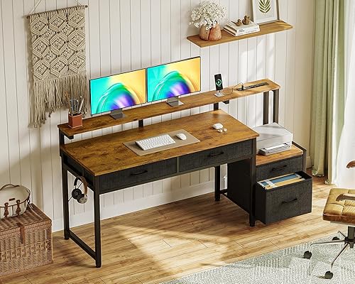 Miniatura 8 de AODK Escritorio para computadora con 4 cajones, escritorio de oficina de 55 pulgadas con toma de corriente, escritorio de oficina en casa con