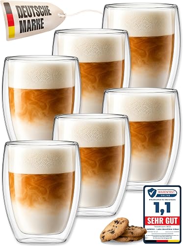 LAPRESO Latte Macchiato Glasses Double-Walled 350 ml – Set of 6 Double-Walled Glasses Cappuccino Cups Coffee Glass Tea Glasses Thermal Glass