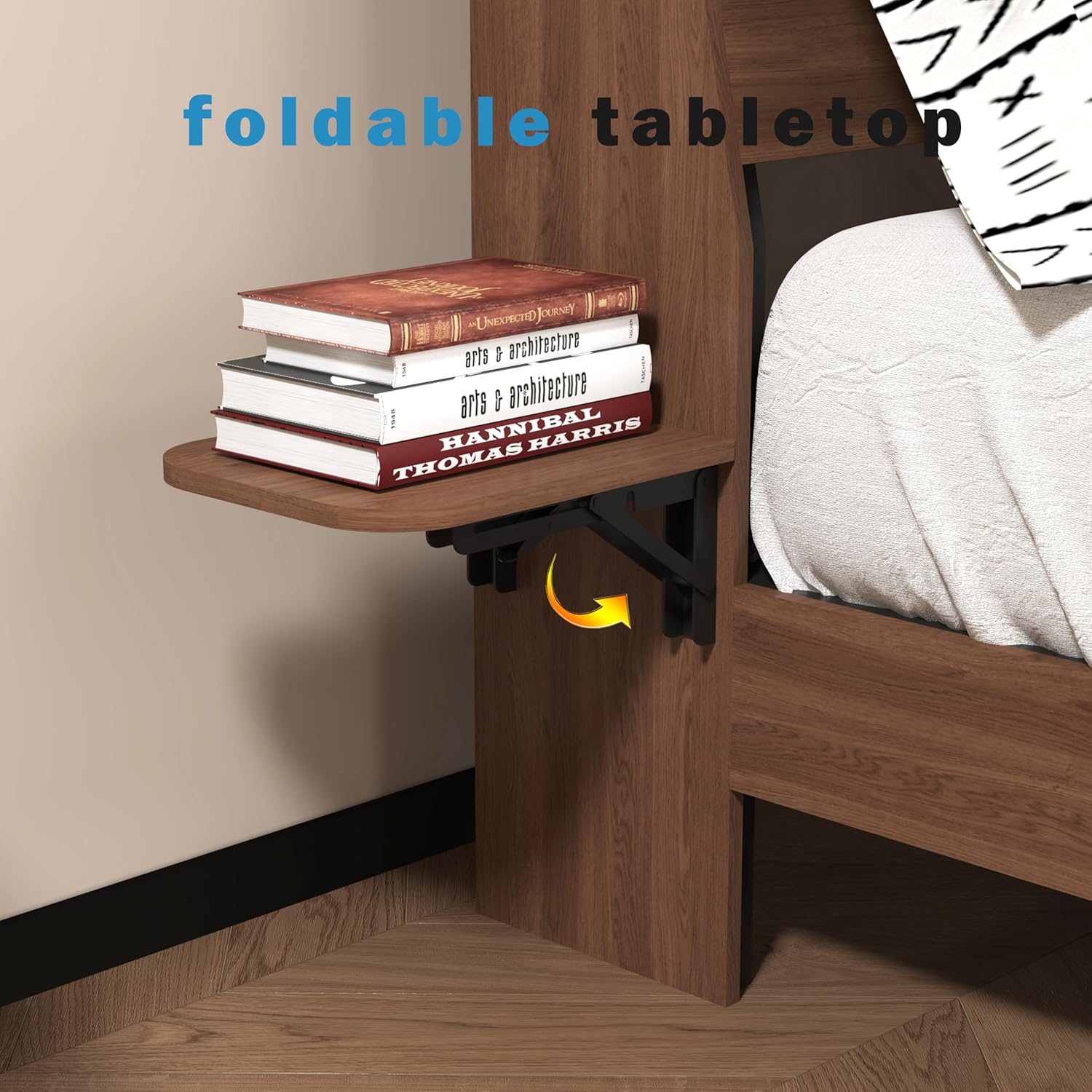 Floating Bed Frame Queen with Storage Headboard, Low Profile Japanese Platform Bed with LED Lights and Charging Station, Bedframe with Foldable Tabletop, No Box Spring Needed (Walnut, Queen)