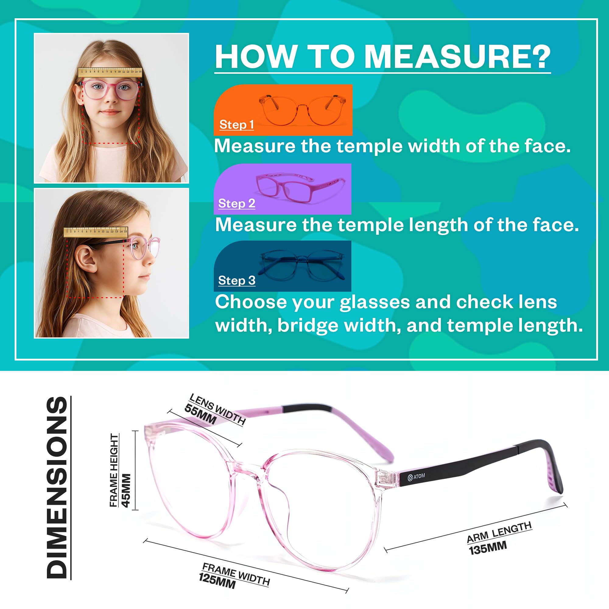 ATOM Gafas de bloqueo de luz azul para niños de 5 a 12 años | Gafas de montura para niños y niñas