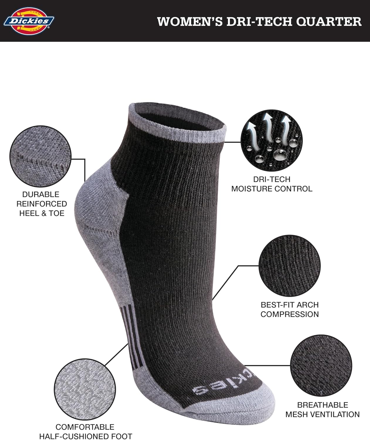 Dickies womens Dri-tech Moisture Wicking Quarter Socks, Available in M-l (6, 12 Pairs) - Image 3