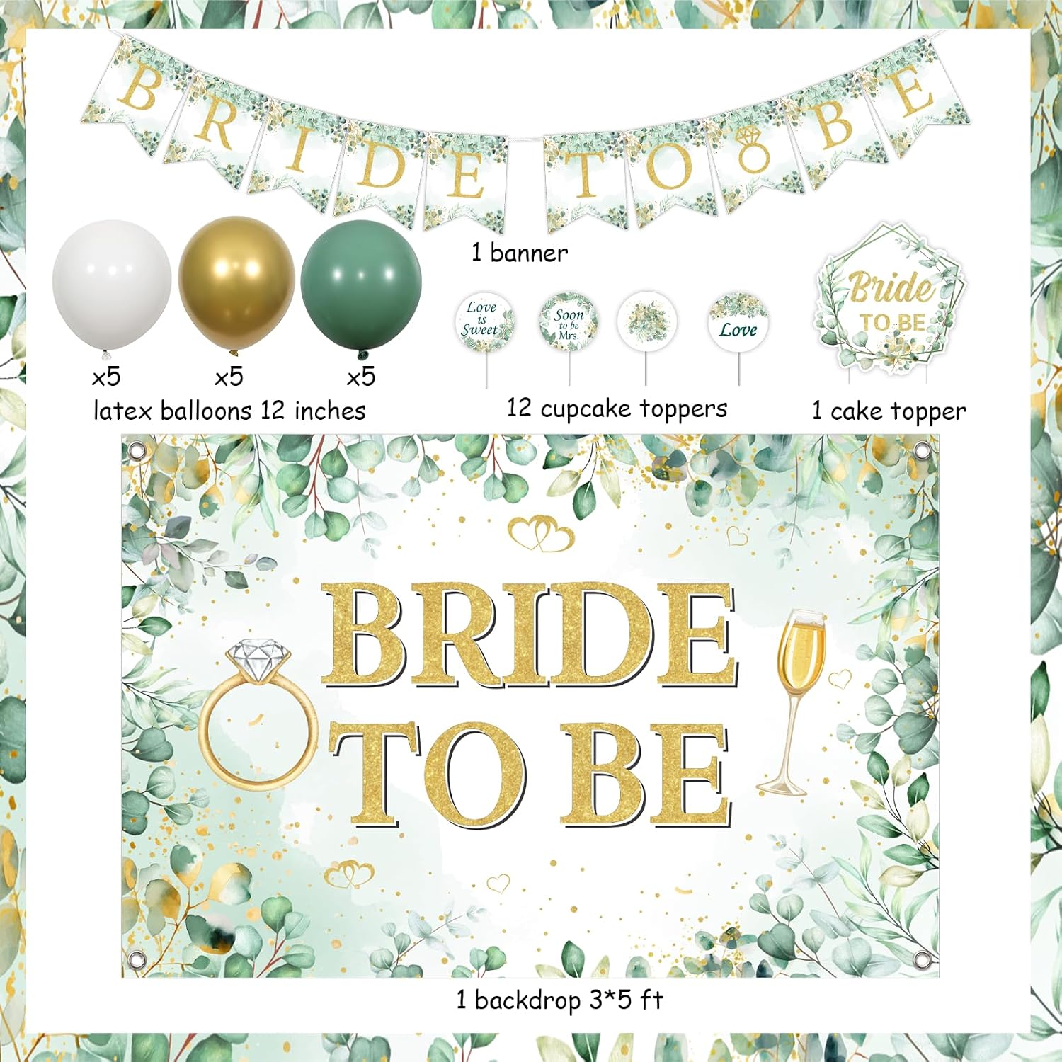 Jollyboom Sage Green Bridal Shower Decorations, Greenery Bride to Be Bachelorette Party Decor Set Backdrop Banner Balloons Cake Cupcake Toppers for Engagement Wedding Supplies