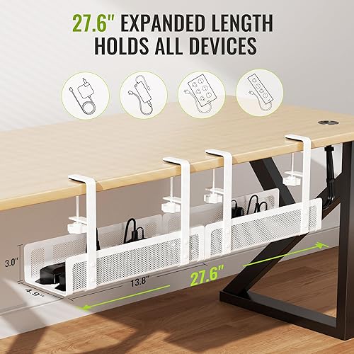 Miniatura 7 de Paquete de 2 bandejas de organización de cables debajo del escritorio, bandeja de organización de cables sin taladros abiertos de 27.6 pulgadas,