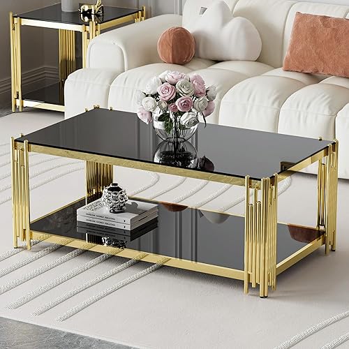 Miniatura 11 de Mesa de café de vidrio dorado Mesa de estar negra moderna con patas de metal de acero inoxidable Mesa central grande rectangular de vidrio templado