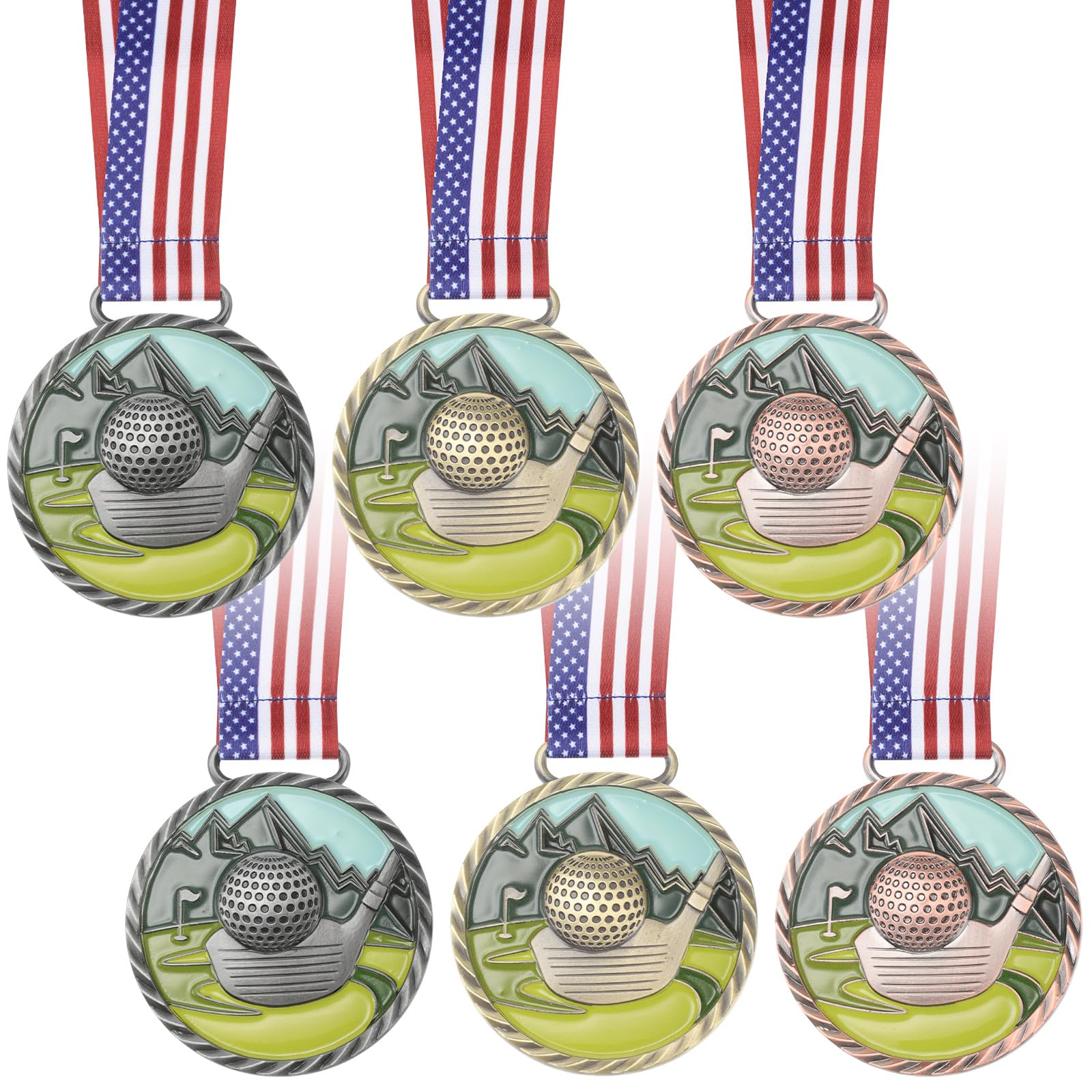 6 Pcs Golf Color Medal Gold Silver Bronze Golf Ball Award Medals with Neck Ribbon for Kids Adults