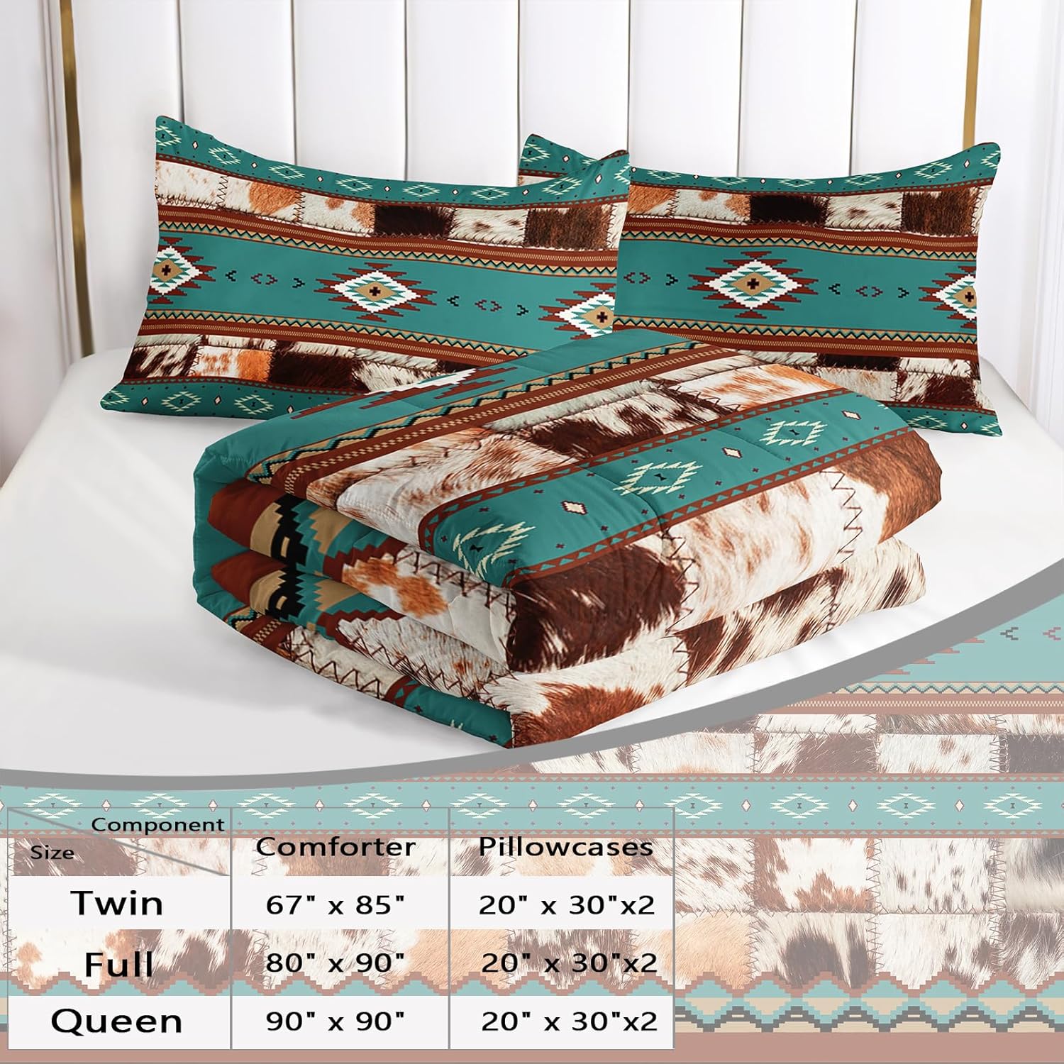 AILONEN White Brown Cow Hair Texture Comforter Set Twin Size, Geometric Ethnic Cowhide Pattern Bedding Set,Native American Tribal Cowhide Blue Theme Duvet Set 3 Pieces, 1 Quilt and 2 Pillowcase - Image 2
