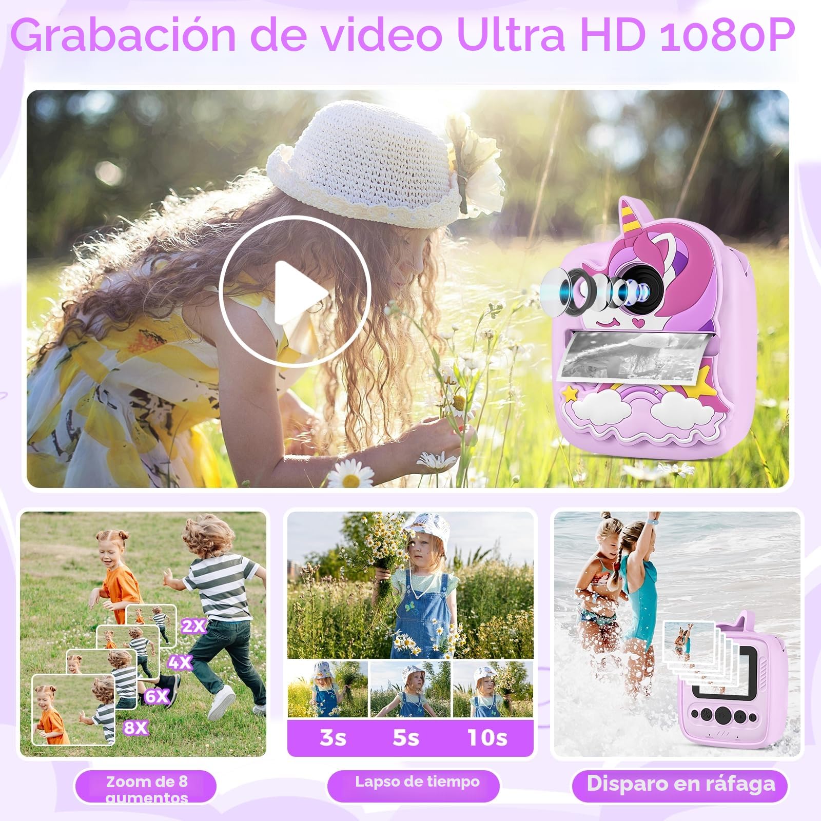 Camara Fotos Infantil Instantanea, 2,0 Pulgada 48MP Cámara de Fotos Instantánea, 1080P Cámara Instantánea Infantil con Papel Fotográfico & Funda de Silicona, Regalo para Niños de 3 a 10 Años