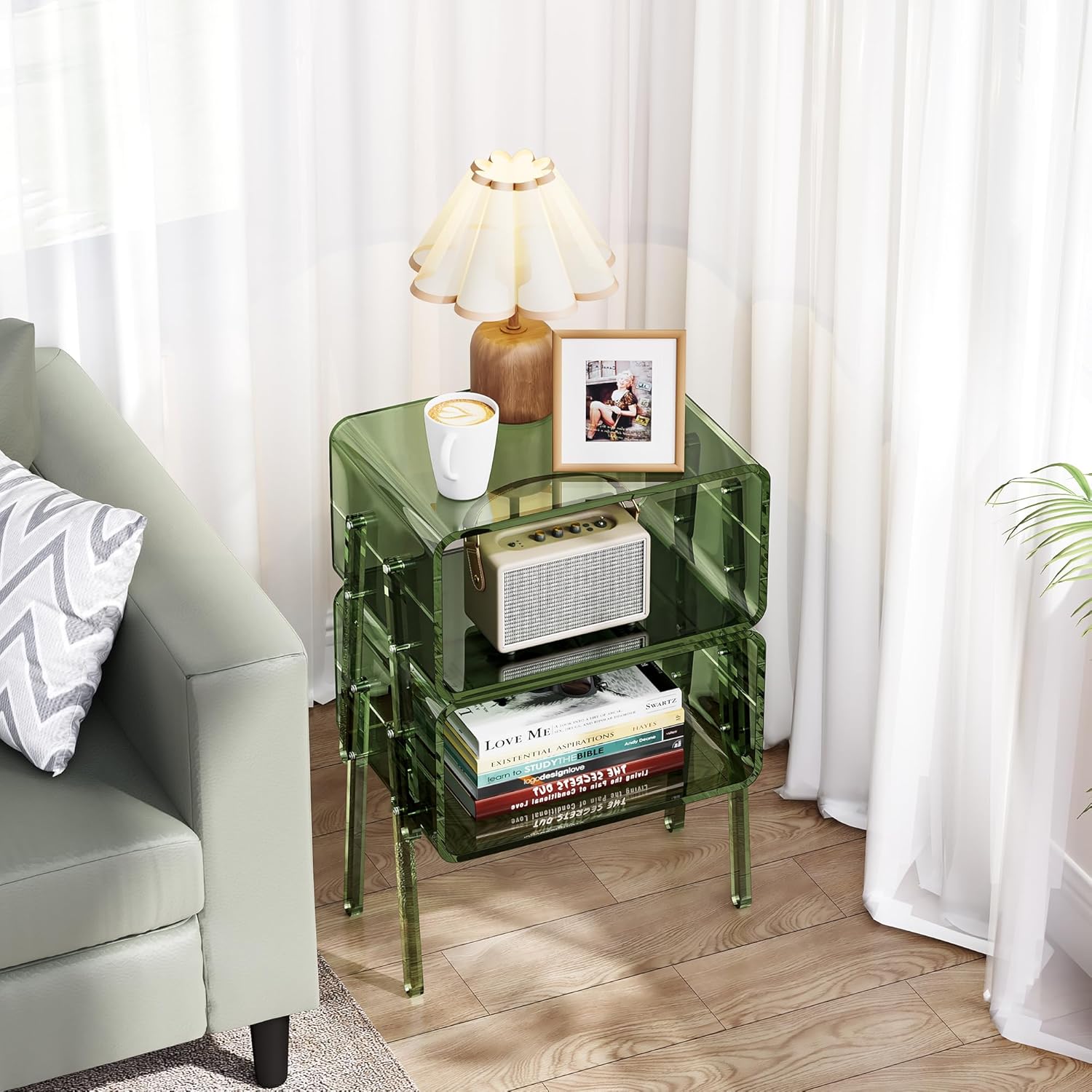 Acrylic Side Table, 2-Tier End Table with Open Storage for Small Spaces, Clear Nightstand Bedside Table with for Bedroom, Living Room (Green, 16.9" × 11.8“ × 17”)