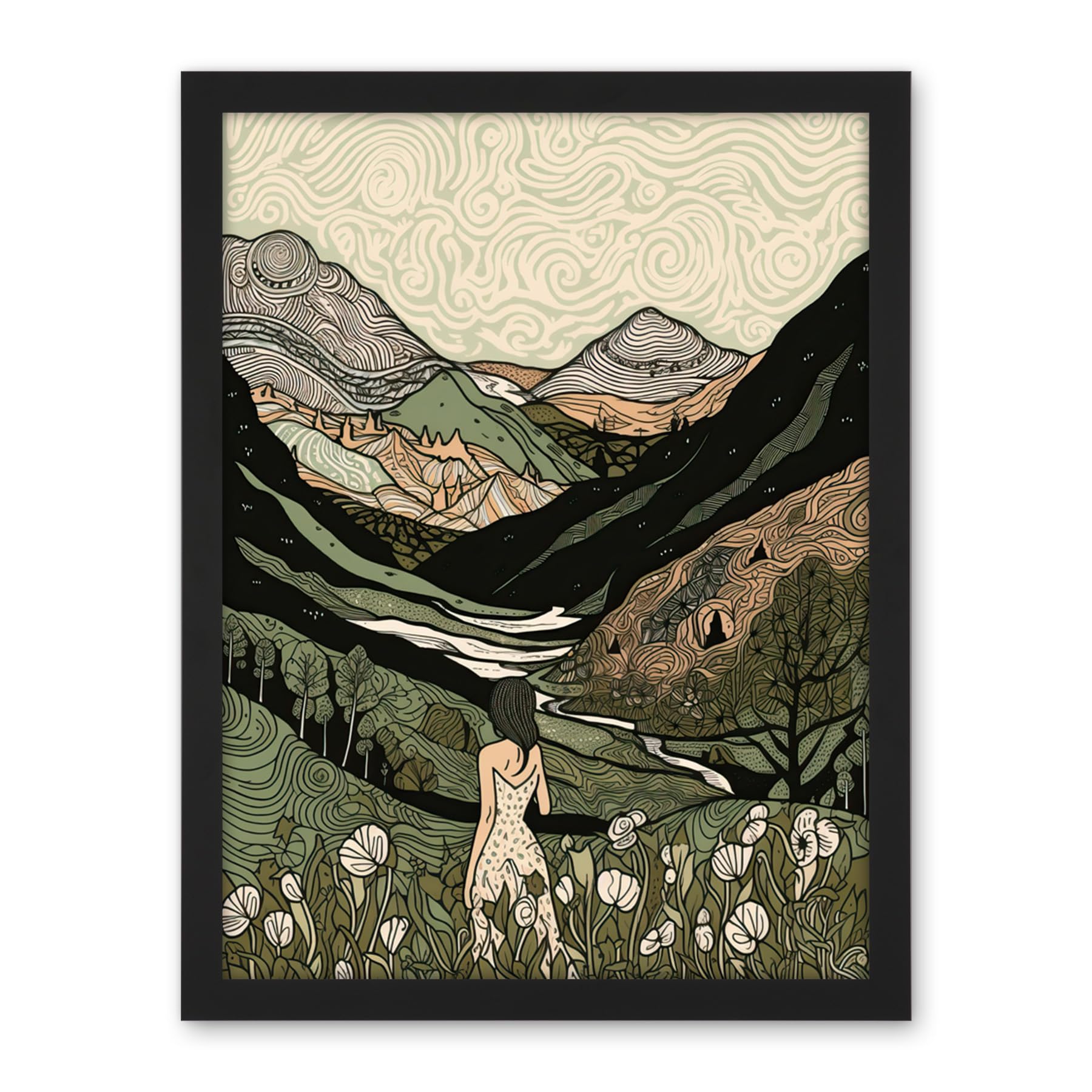 Artery8 Woman in Flower Field in Scottish Hill Landscape Artwork Framed Wall Art Print 18X24 Inch