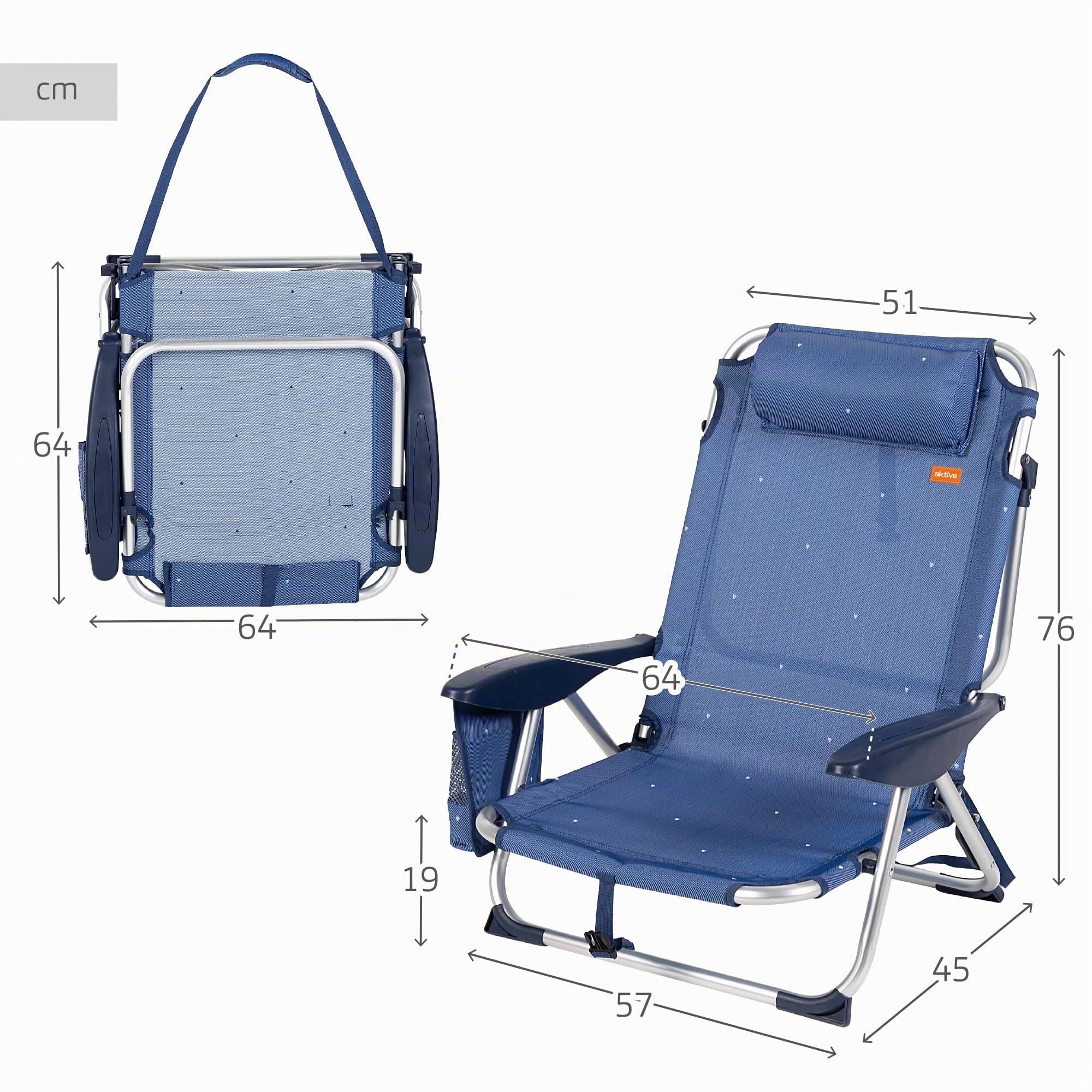 AKTIVE Lot de 2 chaises de Plage Pliables Basses, inclinables en 4 Positions, Anti-Renversement avec Coussin et Poche latérale, Structure en Aluminium léger, pour la Plage ou Le Jardin, 51 x 45 x 76