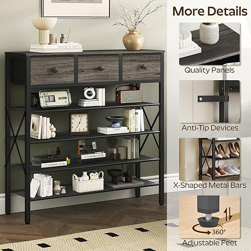 Miniatura 7 de Zapatero de 5 niveles, organizador de zapatos industrial independiente, mesa de consola con estantes de metal y 3 cajones de tela, para 20 pares de