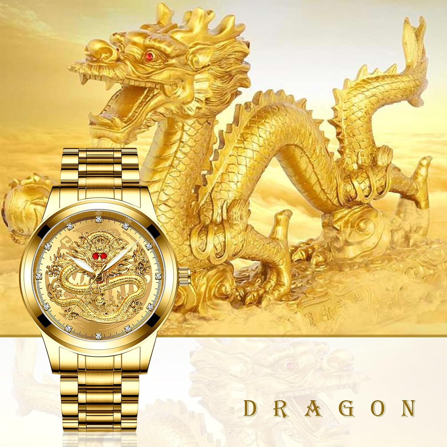 Avaner Men's Stainless Steel Wristwatch Engraved Dragon Dial Analog Quartz Watches with Luminous Hands