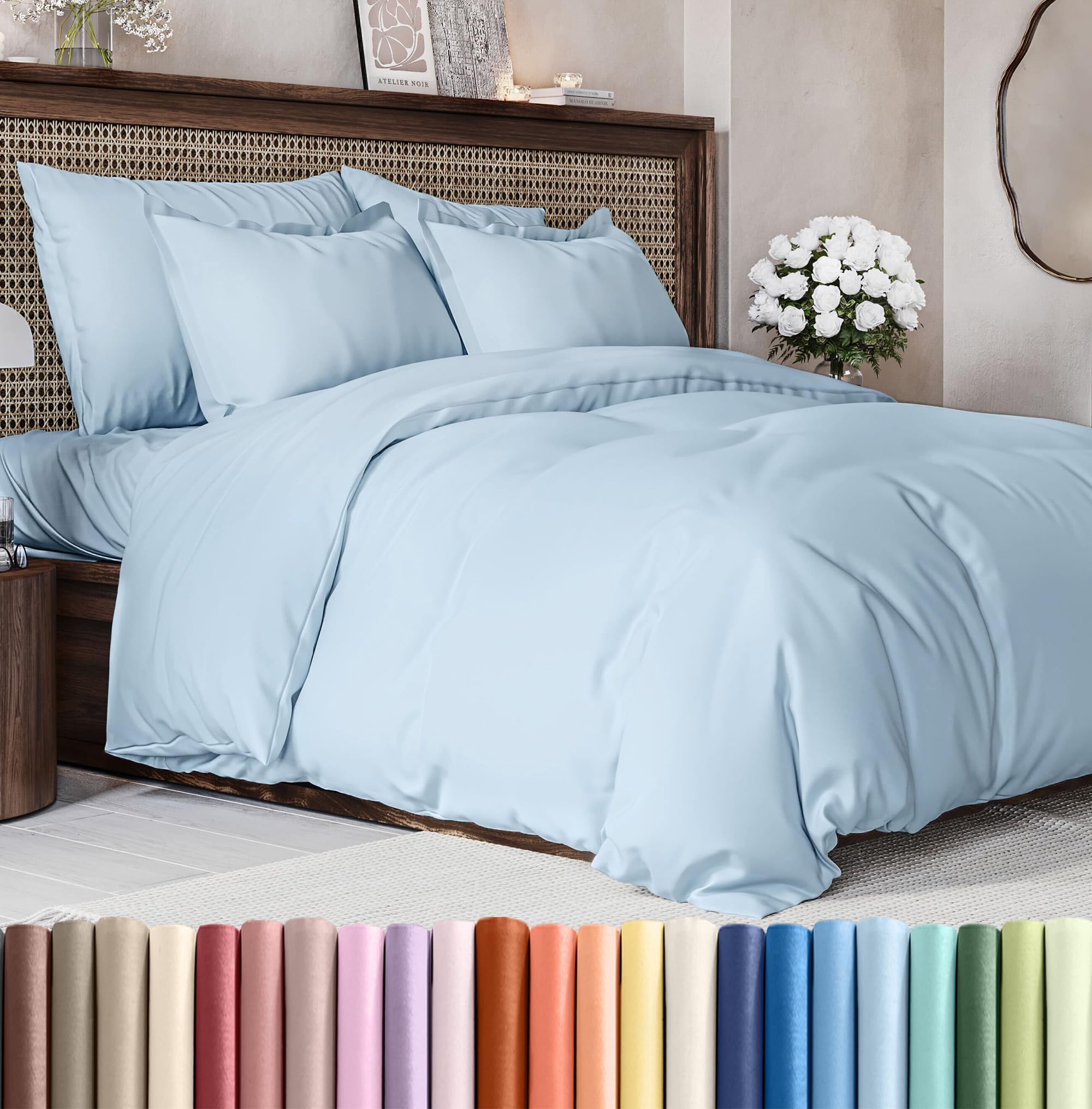 duvet cover queen size - extra soft queen size duvet cover - lightweight & breathable - easy care & fade free with zipper closures & ties - 90" x 90" inches - (light blue) comforter not included