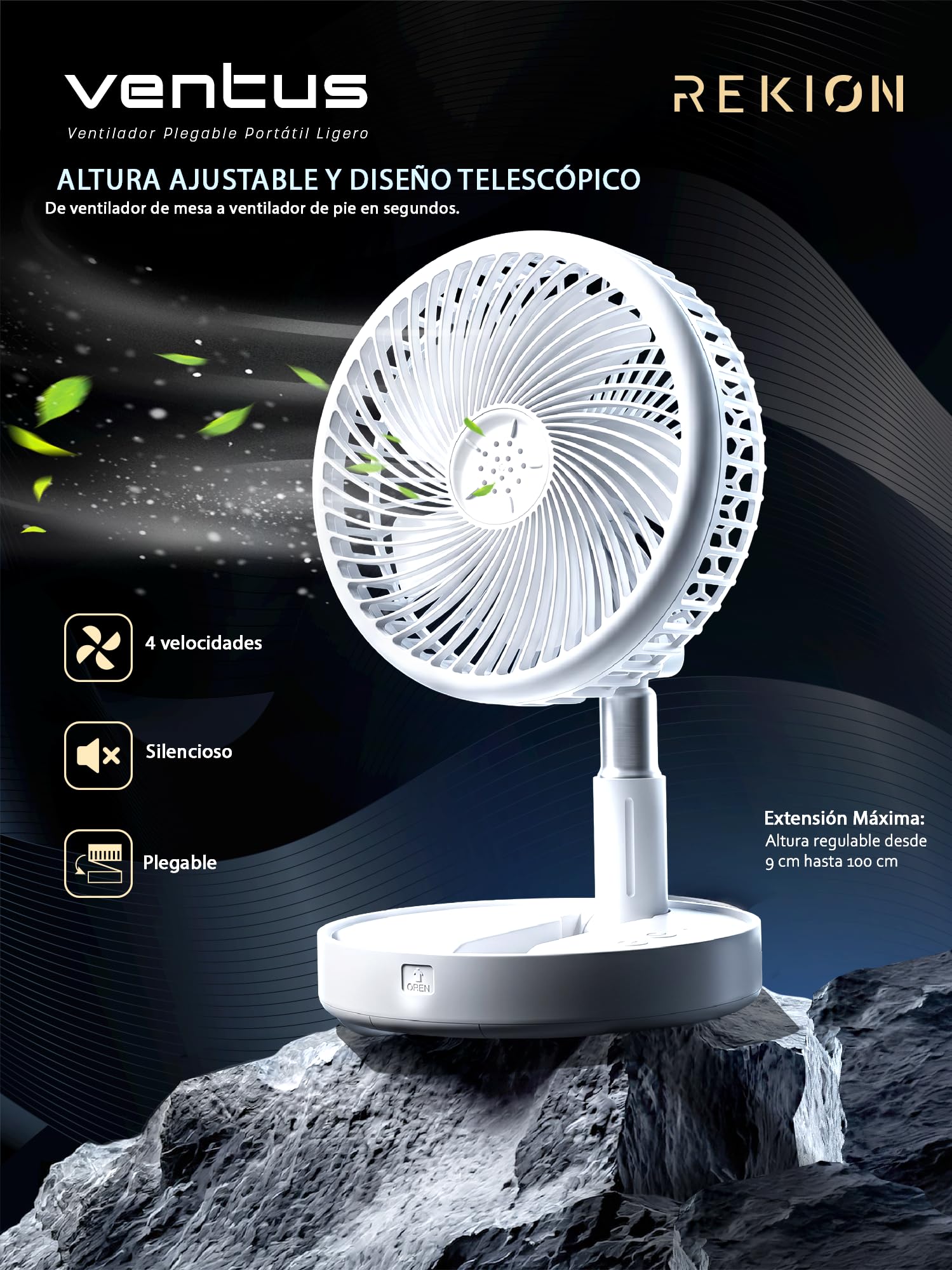 REKION® Ventilatore a piantana ultra silenzioso, 30 dB, pieghevole, di alta qualità, portatile, ricaricabile, 4000 mAh, USB-C, 4 velocità, regolazione a 180°, scrivania, campeggio e viaggi, altezza