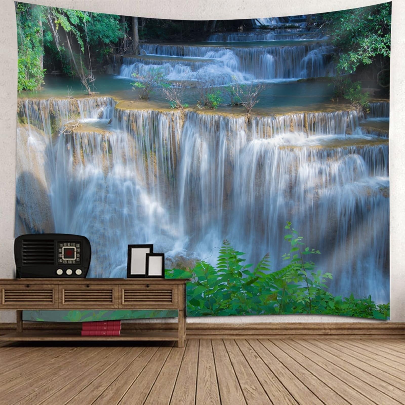 Skcess Jolie tapisserie en polyester, vert et blanc, cascade, paysage naturel, tapisserie nature, 240 x 220 cm