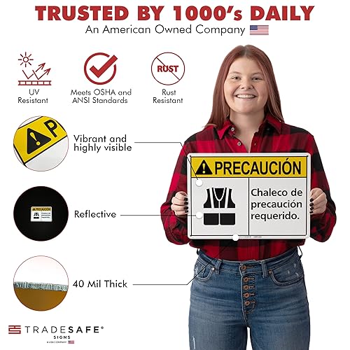 Miniatura 2 de TRADESAFE Señal de seguridad con chaleco de seguridad de EPI  Chaleco de Precaución Requerido en español, señal de seguridad de aluminio de
