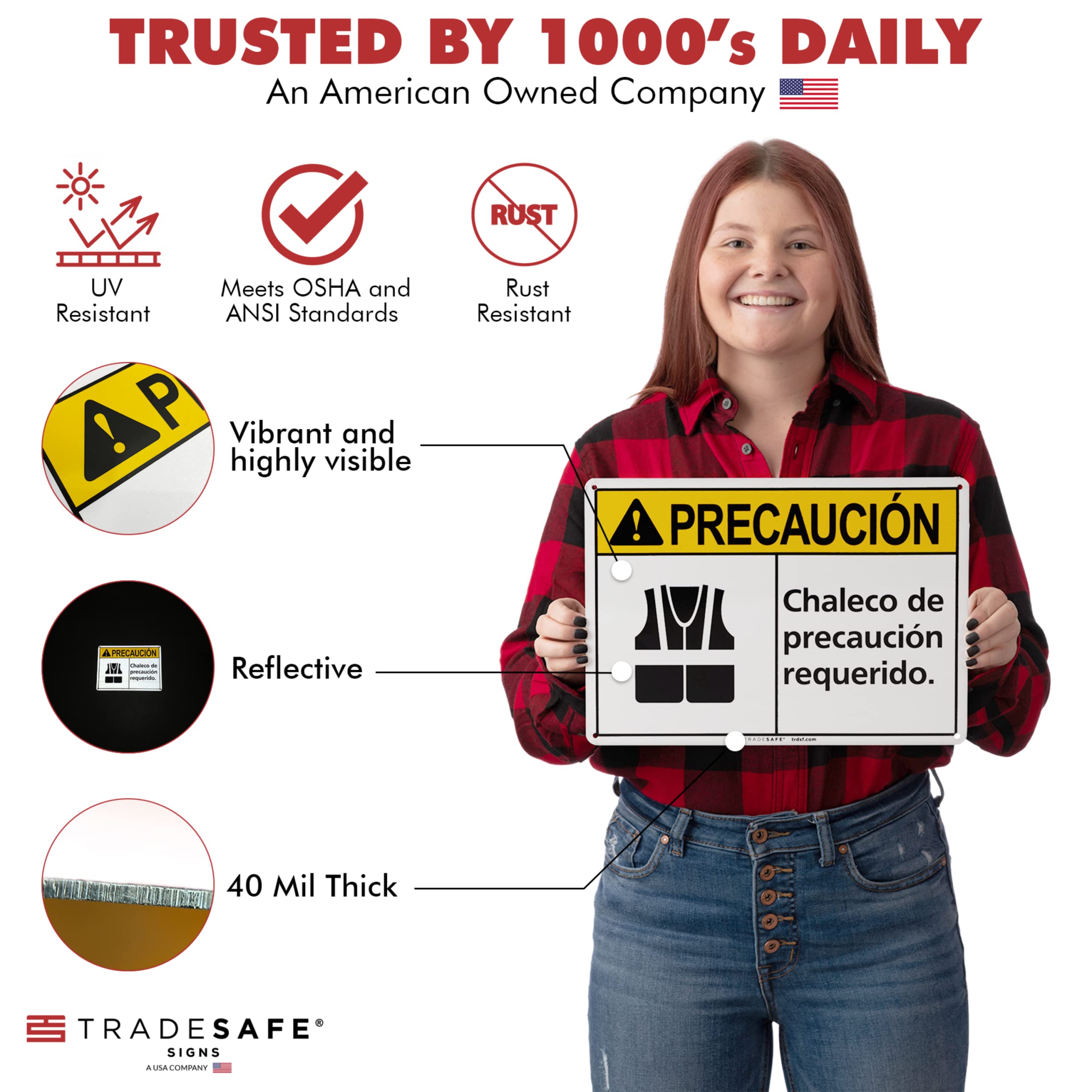 TRADESAFE Safety Vest Required PPE Sign - Chaleco de Precaución Requerido Spanish Sign, Quick Install Aluminum Safety Sign, Light Reflective, UV-Resistant, Waterproof, 14” X 10” Caution Signs