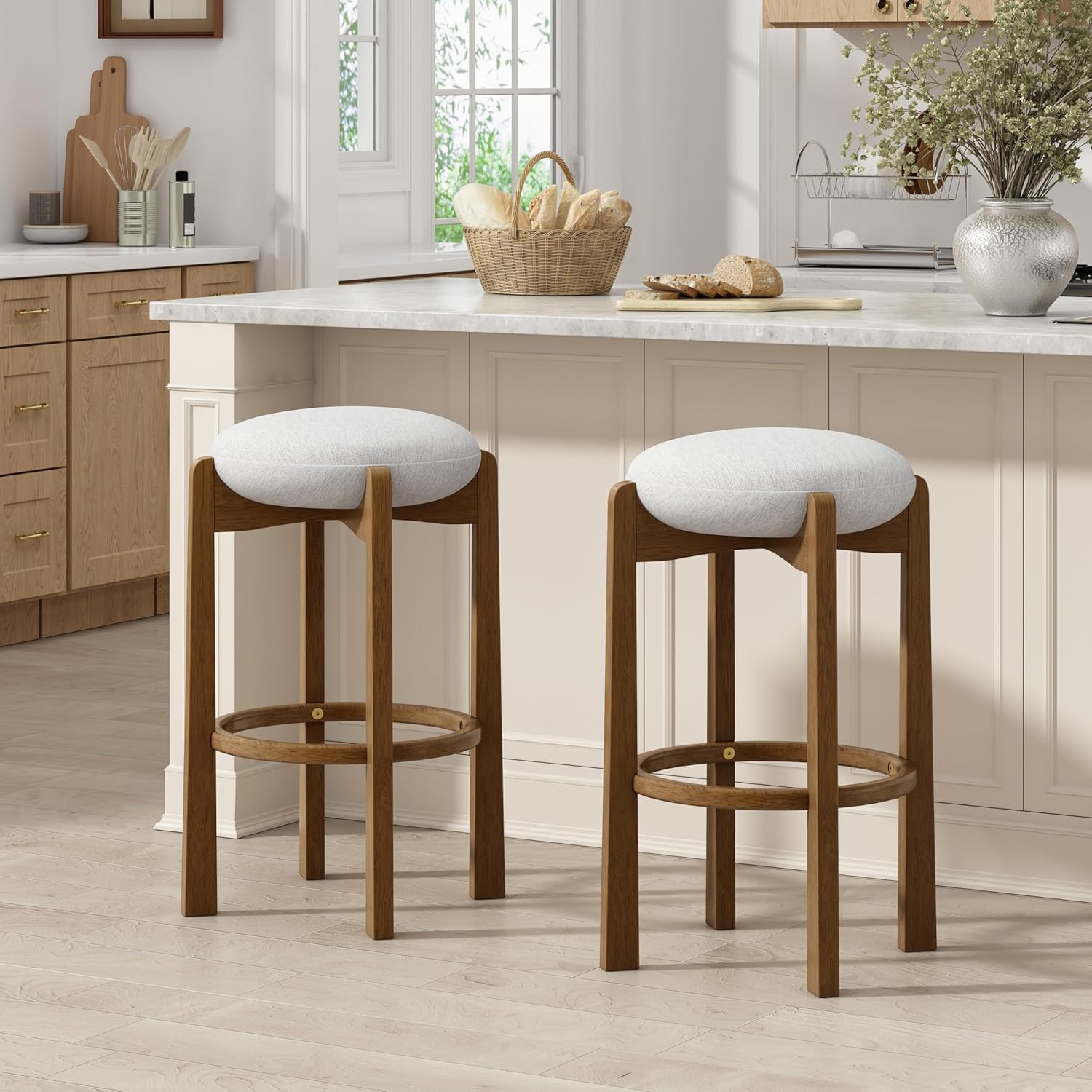 Christopher Knight Home Lilac Modern Counter Height Bar Stools Set of 2, Fabric Round Stool Chair for Kitchen Island, Wood Dining Room Chair, Upholstered Counter Stool with Footrest,Dark Walnut+Ivory
