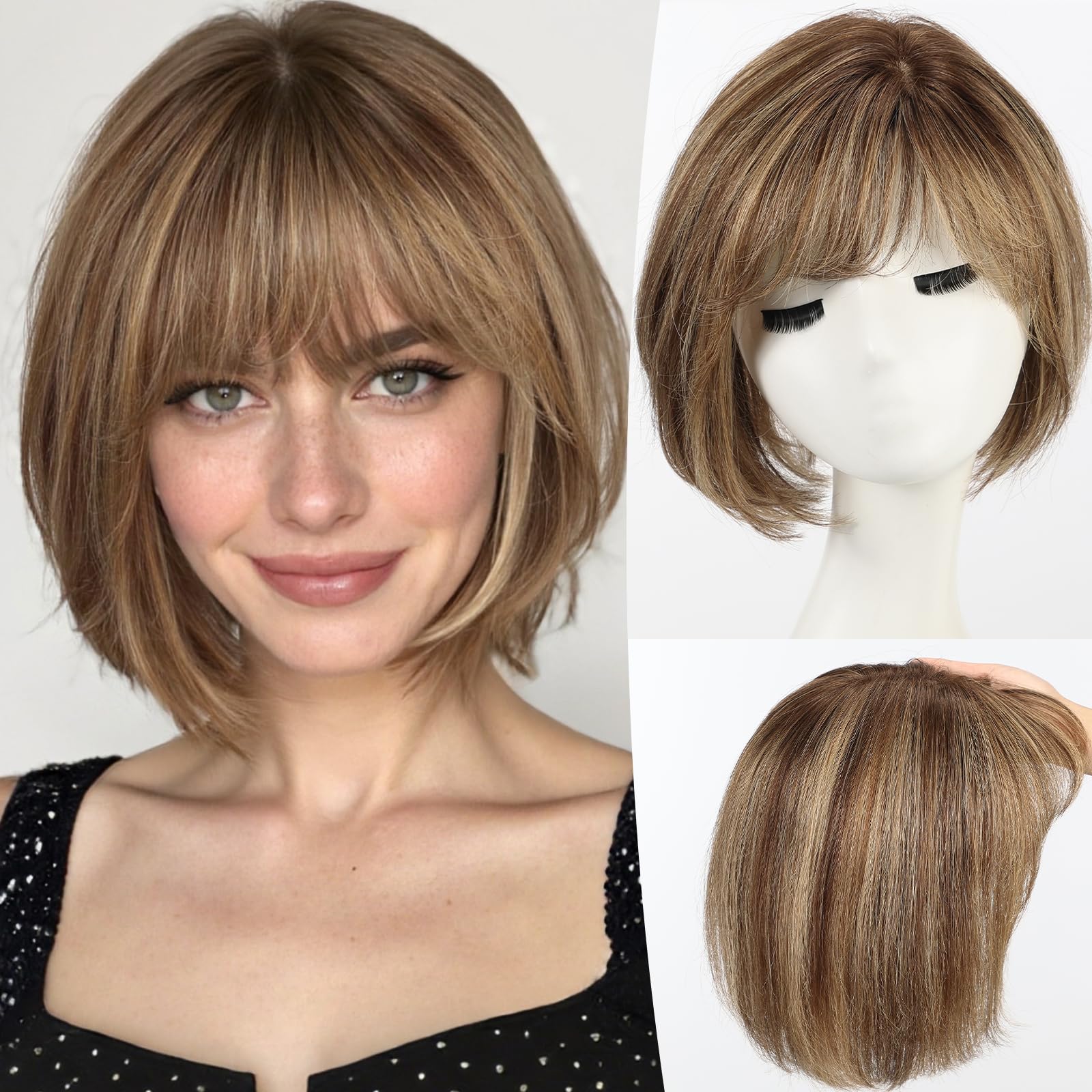 starluck Hair Topper for Women Real Human Hair, 6.5x6.5 inch Base Mixed Brown Short Bob with Bangs Side Part SilkHug Human Hair Topper for Women with ThinngHair