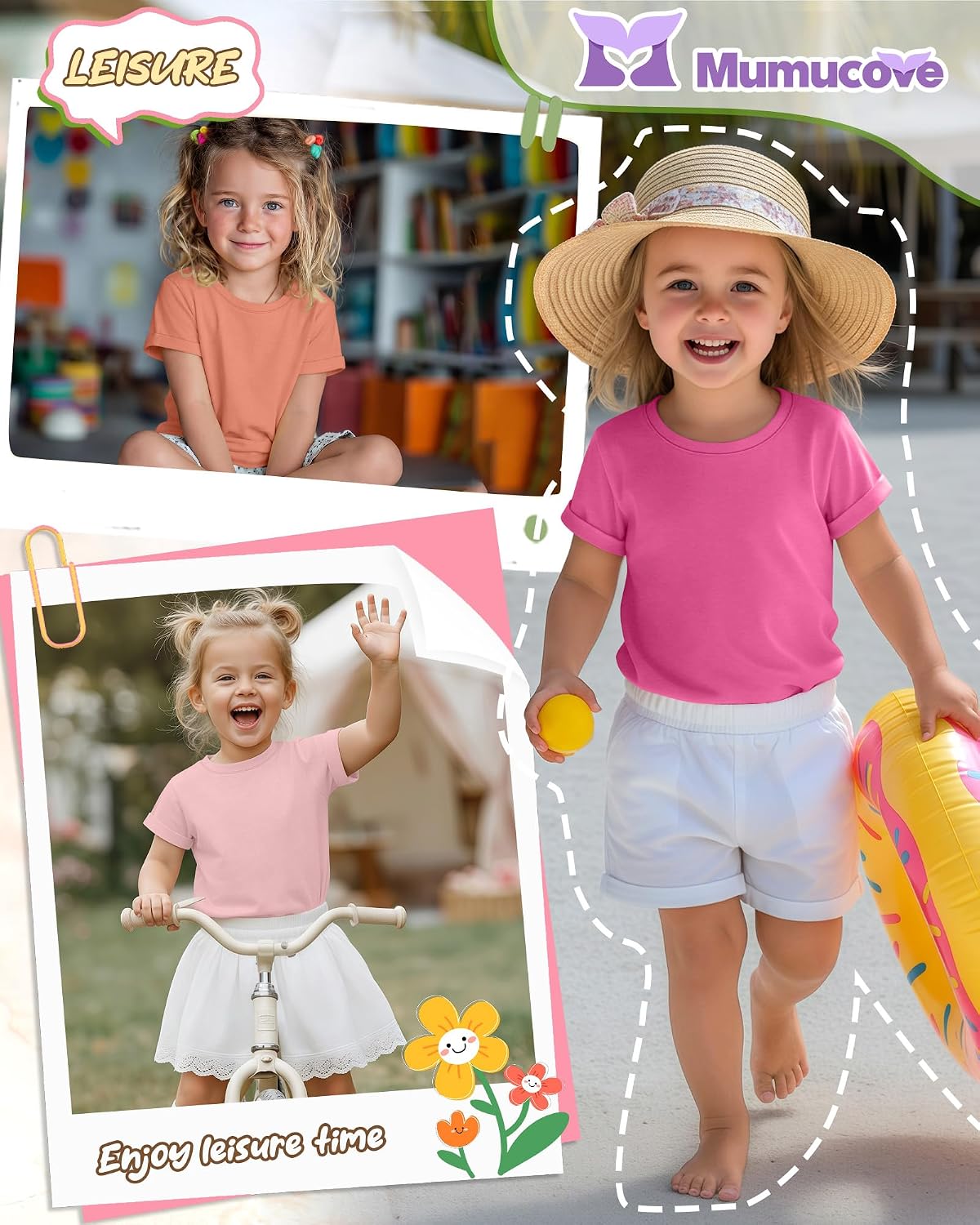 4 Pack Girls Toddler Tops Rolled Short Sleeve Summer T Shirts Crew Neck Baby Kids Casual Cute Basic Clothes