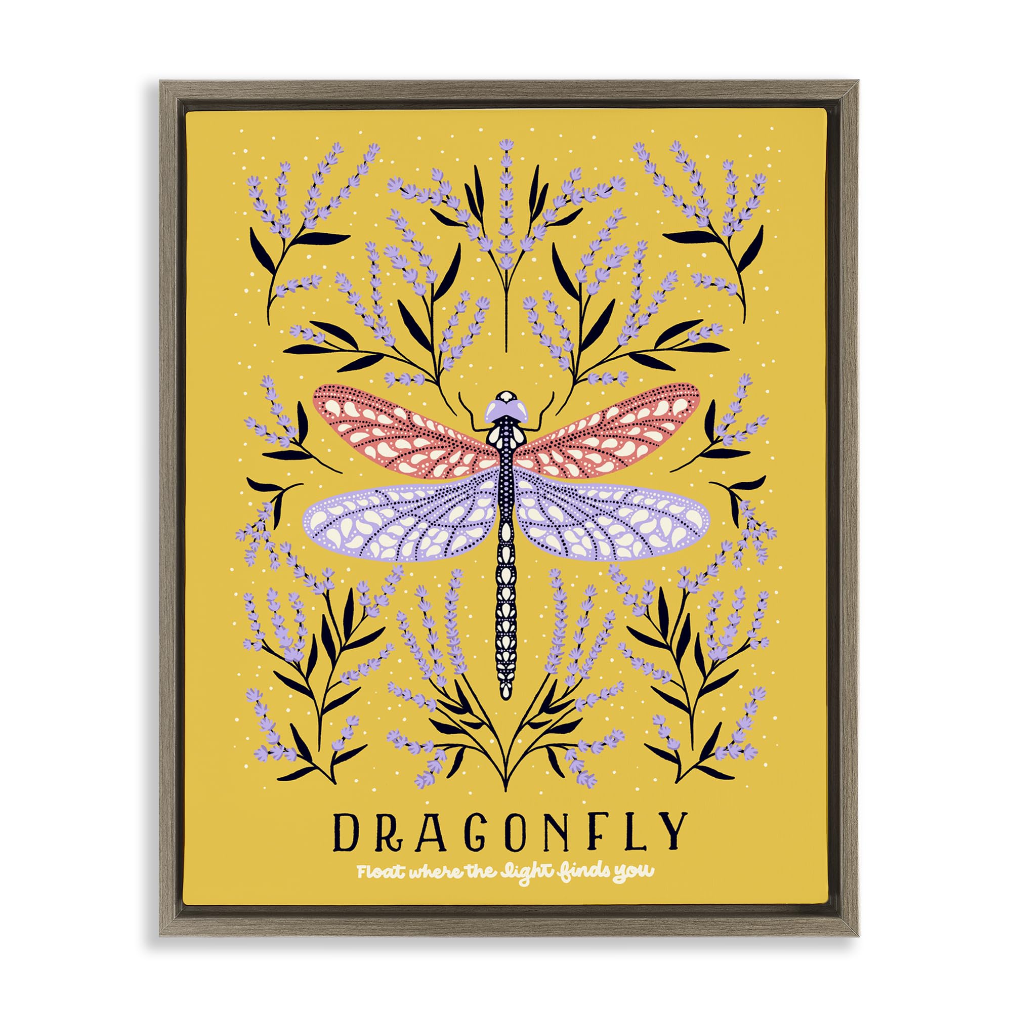Stupell Industries 'Dragonfly Symmetry on Yellow', Floating Frame Canvas Art, Brown, 25 x 31 Inches, Easy to Hang and Sturdy, Made in USA, by Indira Prieto | IndySign
