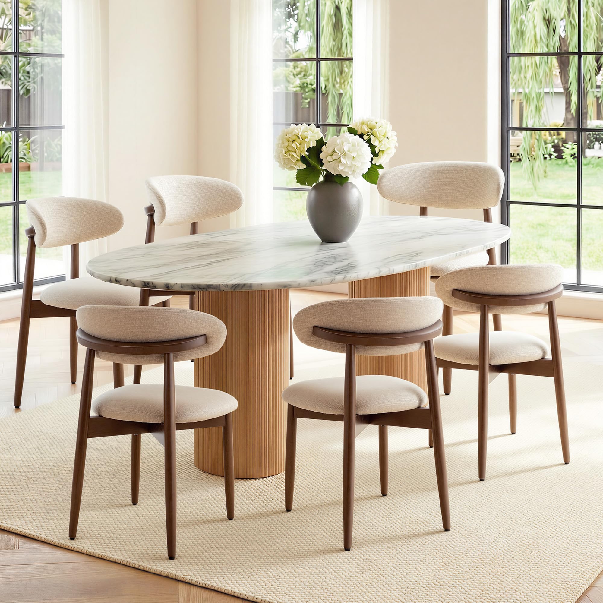 COLAMY Mid-Century Modern Wooden Dining Chair Set of 6, Indoor Upholstered Kitchen Chairs with 2.6" Cozy Padded Seat, Walnut Finish Side Dining Chair