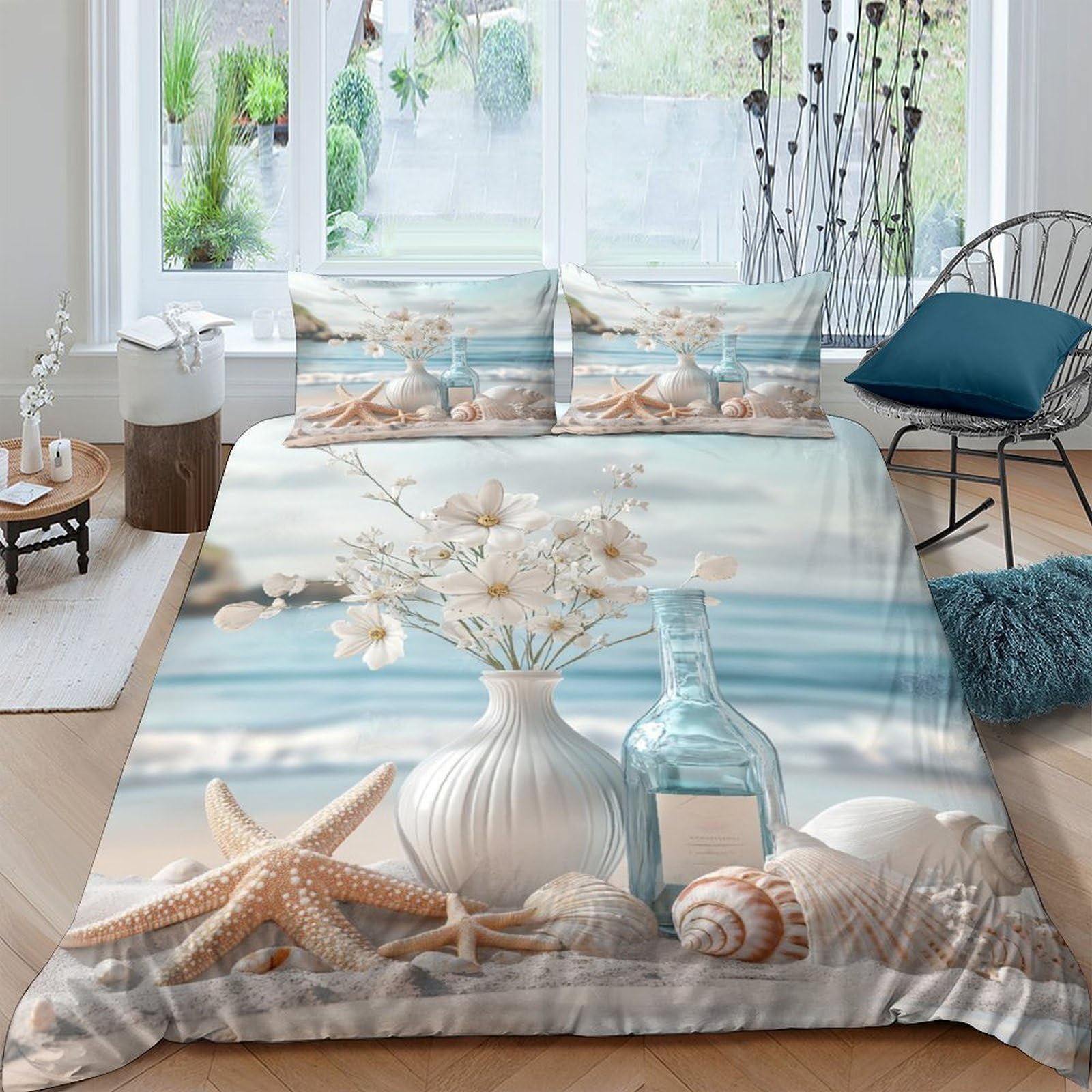 Ctjqhvkz Style-7 3D Printed Ocean Beach Fitted Sheet Microfiber Soft Seashells Starfish Mattress Cover For Bedroom Guest Room Decor Single（135X200cm）