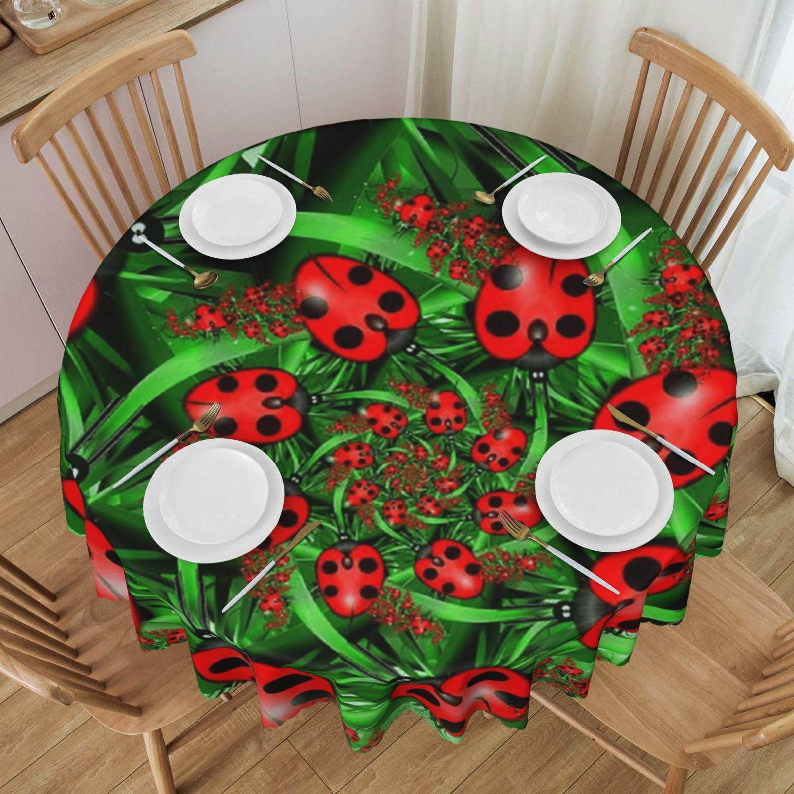 DCEHGEW 60 In Round Tablecloth with Lace, Red Ladybug Printed Oilproof & Washable Fabric Picnic Table Cloth Table Covers