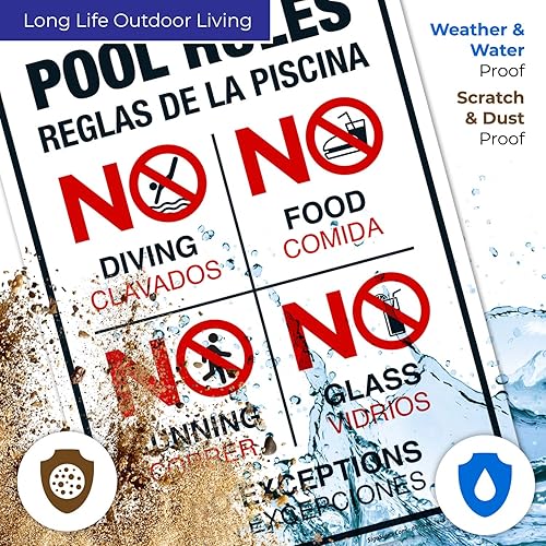 Miniatura 5 de Letrero bilingüe de reglas de la piscina, No Diving No Running No Food No Glass, 10 x 14 pulgadas, libre de óxido, aluminio 040, resistente a la