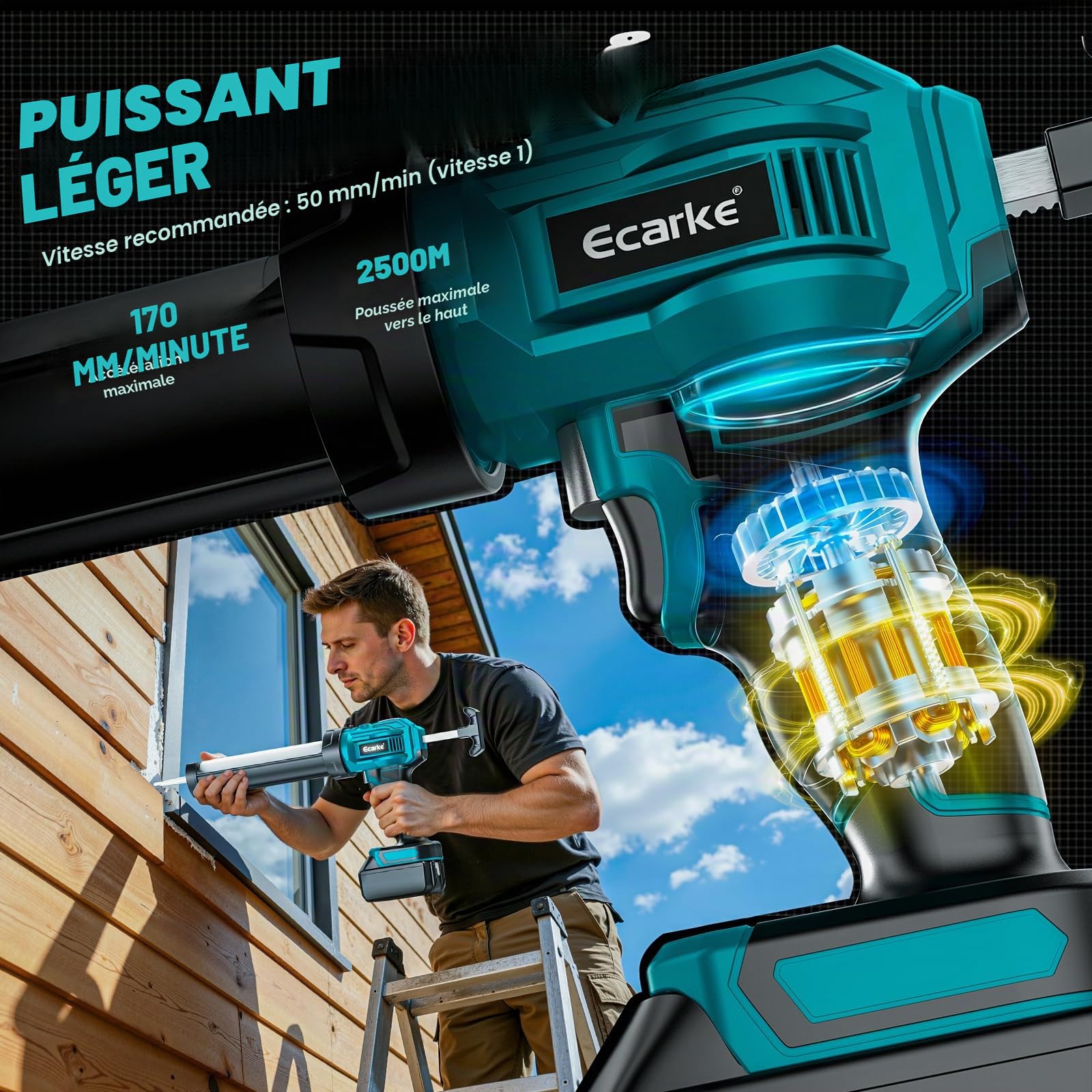 Ecarke Pistolet à Cartouche sans Fil compatible Makita 18V, Moteur Sans Balais, 6 Vitesses, LED, 300ml