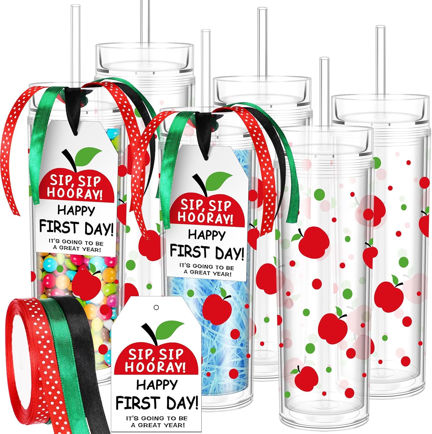 Skylety 6 Pcs Back to School Teacher Gifts Bulk 16 oz Clear Acrylic Tumblers with Lids and Straws First Day of School Teacher Appreciation Cups for Women Teachers Classroom Opening Gift(Apple)