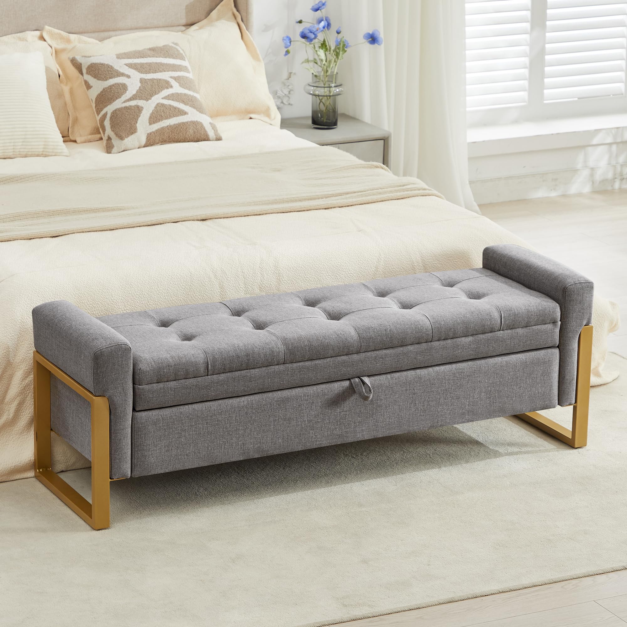 Banc ottoman capitonné en lin gris élégant et robuste avec pieds en métal chic