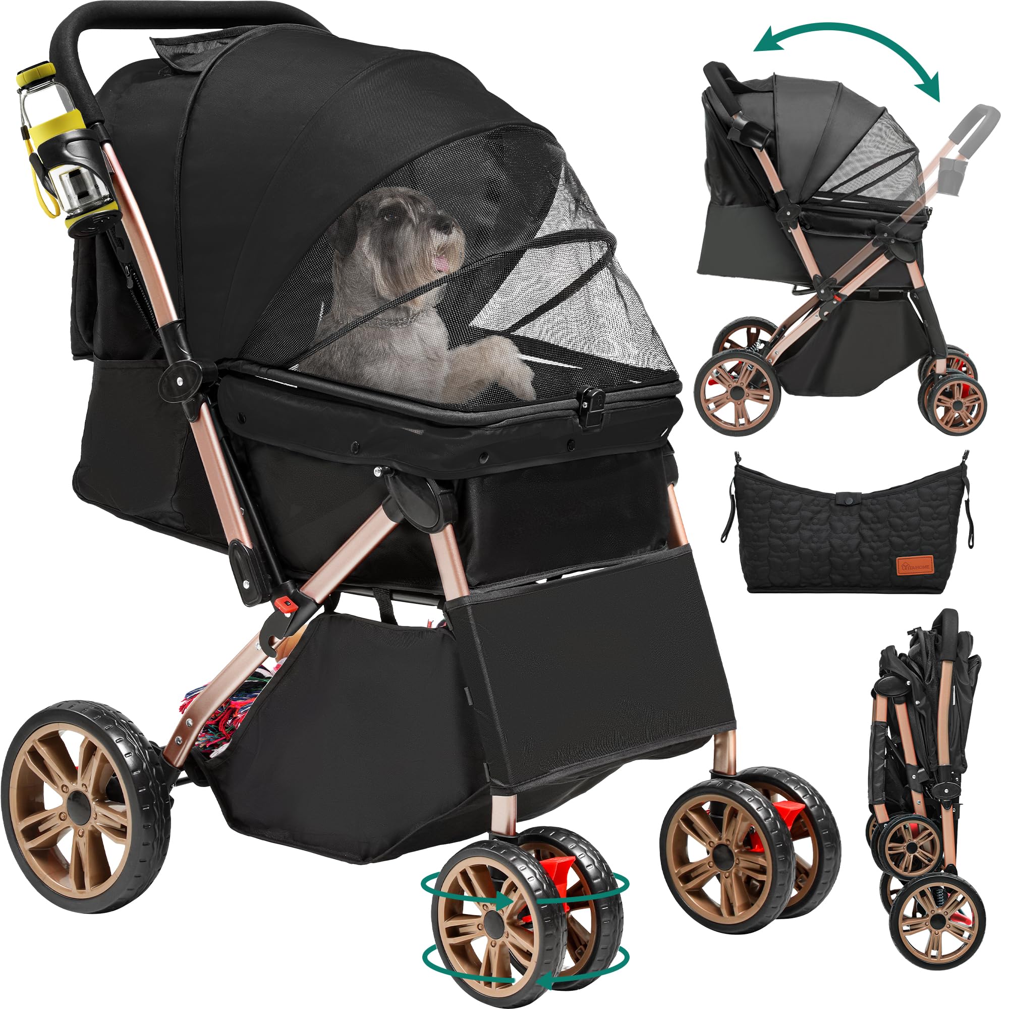 YITAHOME Carro Perro, Carrito para Perros, Cochecito de Viaje para Perros Gatos Mascotas, con Cesta de Almacenamiento, Plegable Carro para Perros, Portátil Cochecito Perro, Mascotas Jogger (Negro)