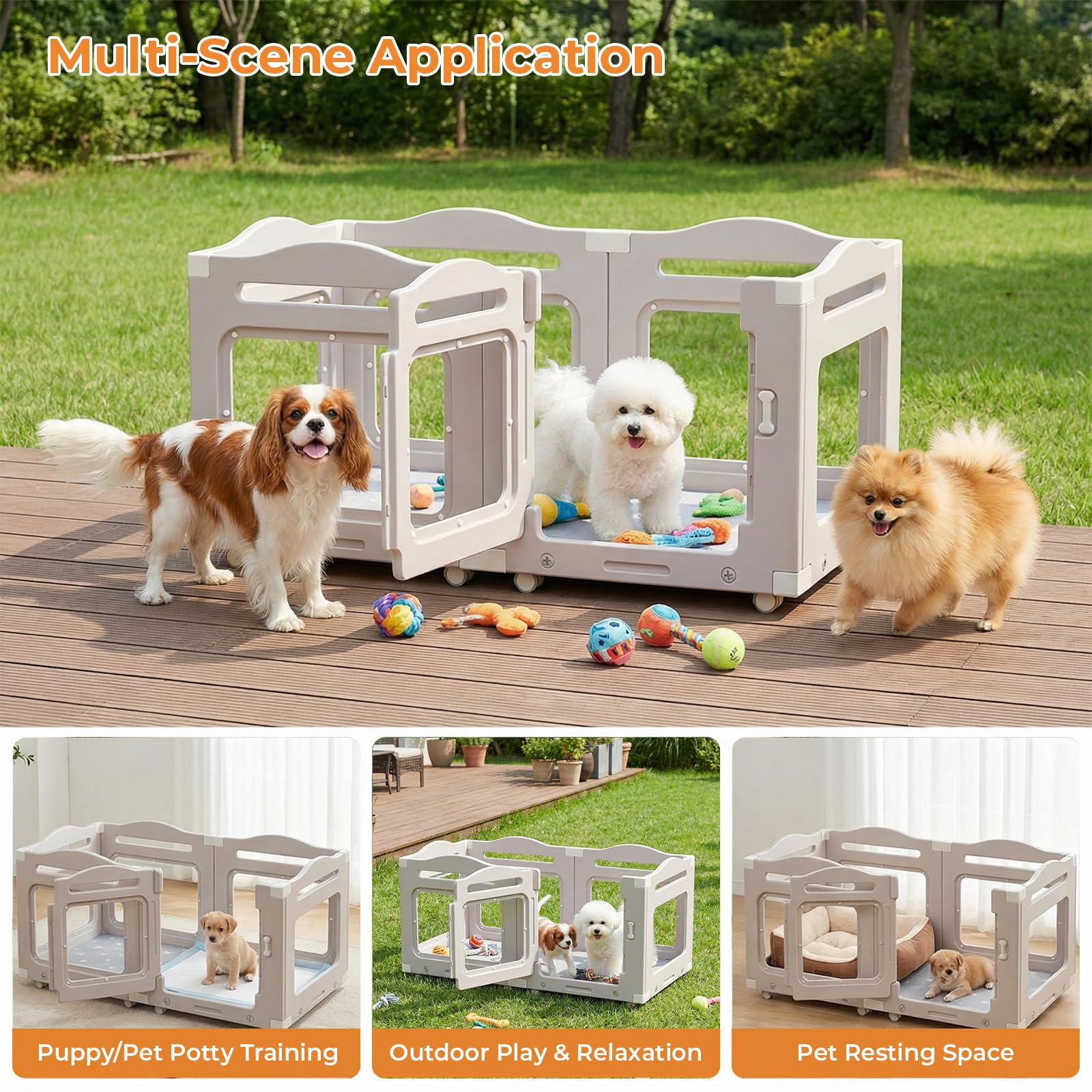 MAMIZO Recinto per Cani Acrilico 126 × 68 cm, Box per Cuccioli con Ruote e Base, Box per il Parto Cani con Cuscinetto Impermeabile, 5+1 PCS Pannelli Parco per Cani adatto Appartamento, Grigio Caldo