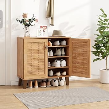 Shoe Cabinet with 2 Woven Doors, 4-Tier Freestanding Shoe Rack Cabinet with 3 Adjustable Shelves, Wooden Shoe Storage Cabinet for Entryway, Mudroom, Closet, Foyer, Hallway, Living Room