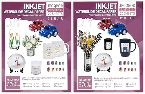 Ahorra un 30 % en papel adhesivo de inyección de tinta de Waterslide transparente y blanco, calcomanías de inyección de tinta imprimible, 20 hojas