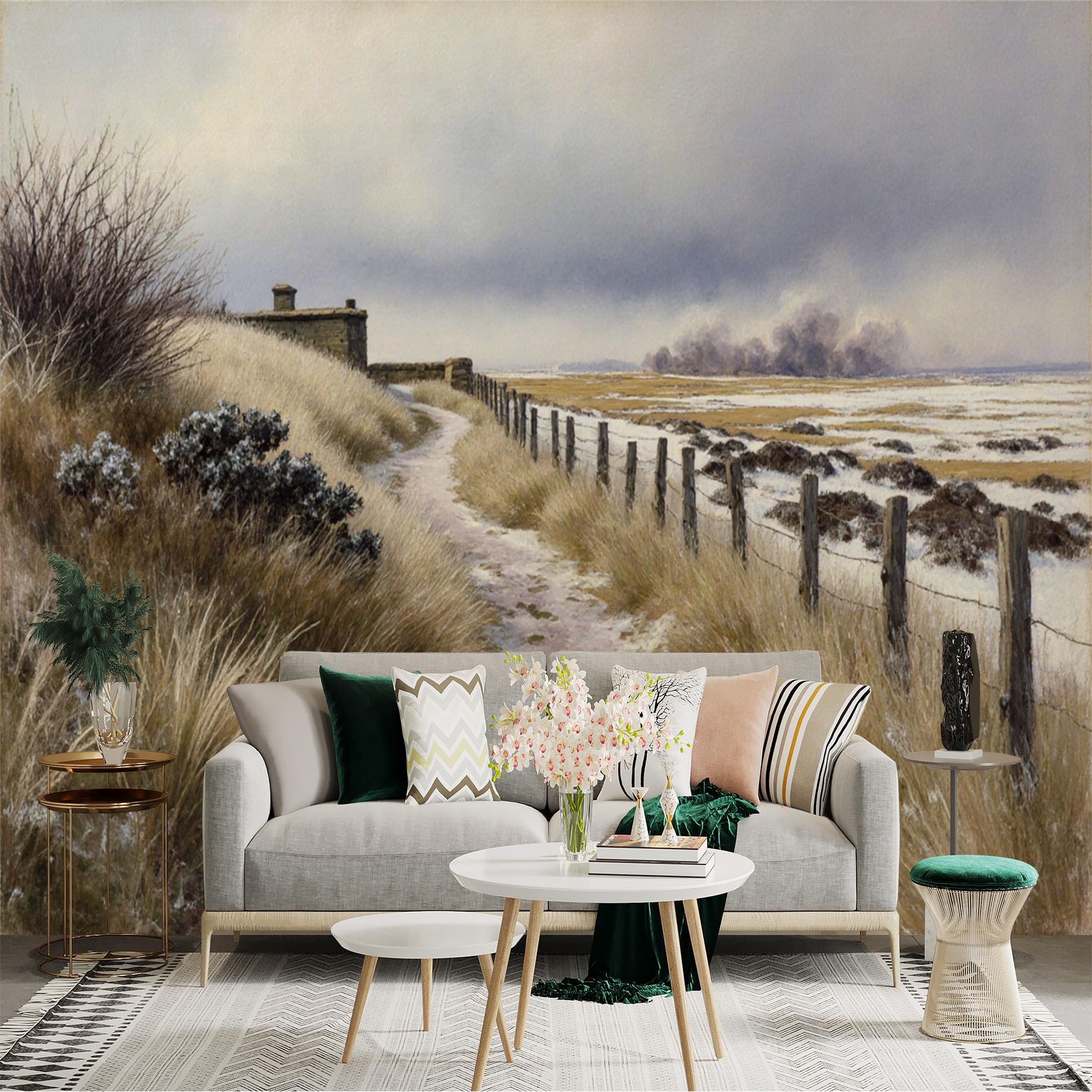 Lnzczhyre Xc260505264 Custom Size Wall Sticker Mural， Snowy Meadow With Path， Winter Landscape， Rustic Wooden Fence， Cloudy Sky， For Wall Decoration， Peelandstick Wall Decals.